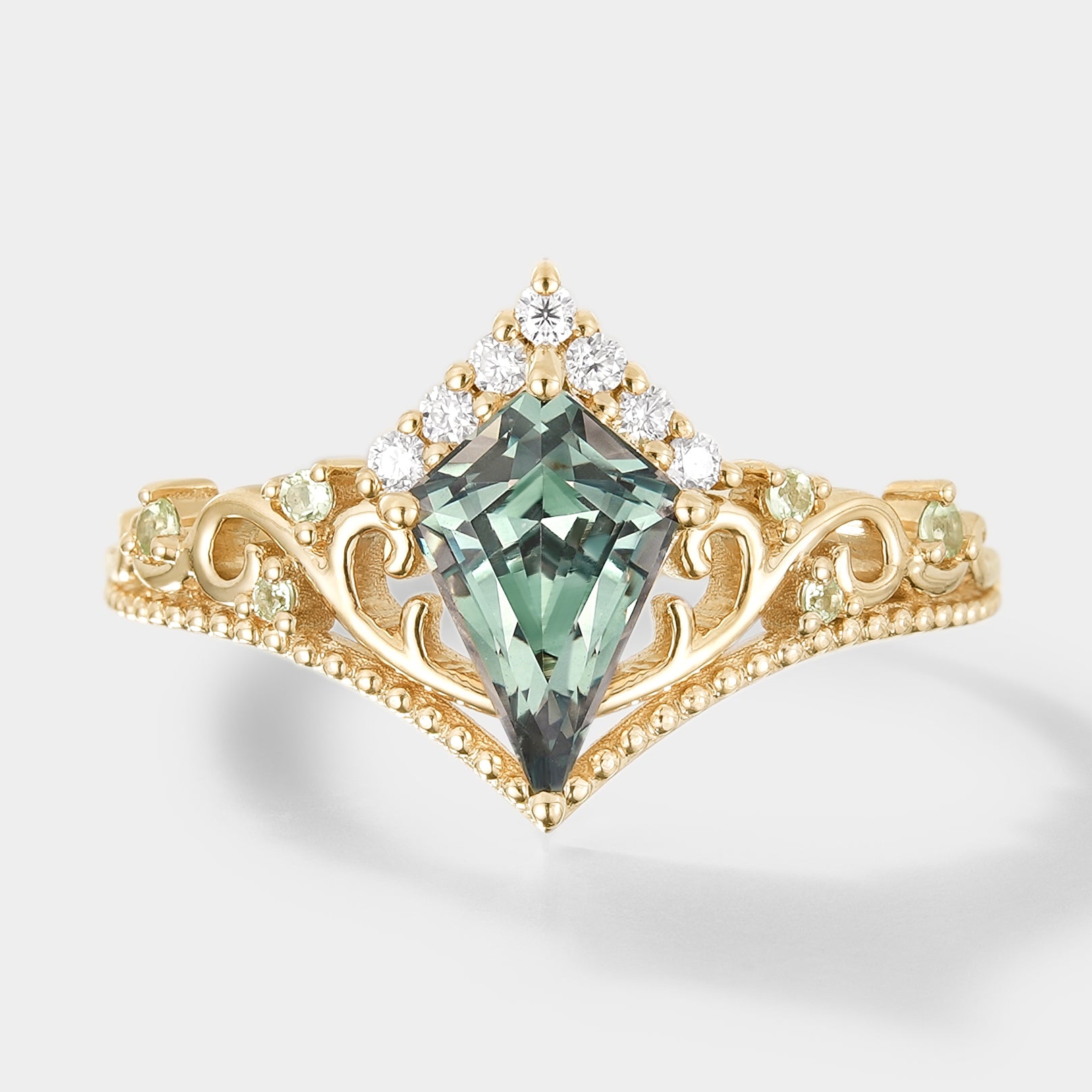 Kite Cut Lab Green Sapphire Ring with Floral Design