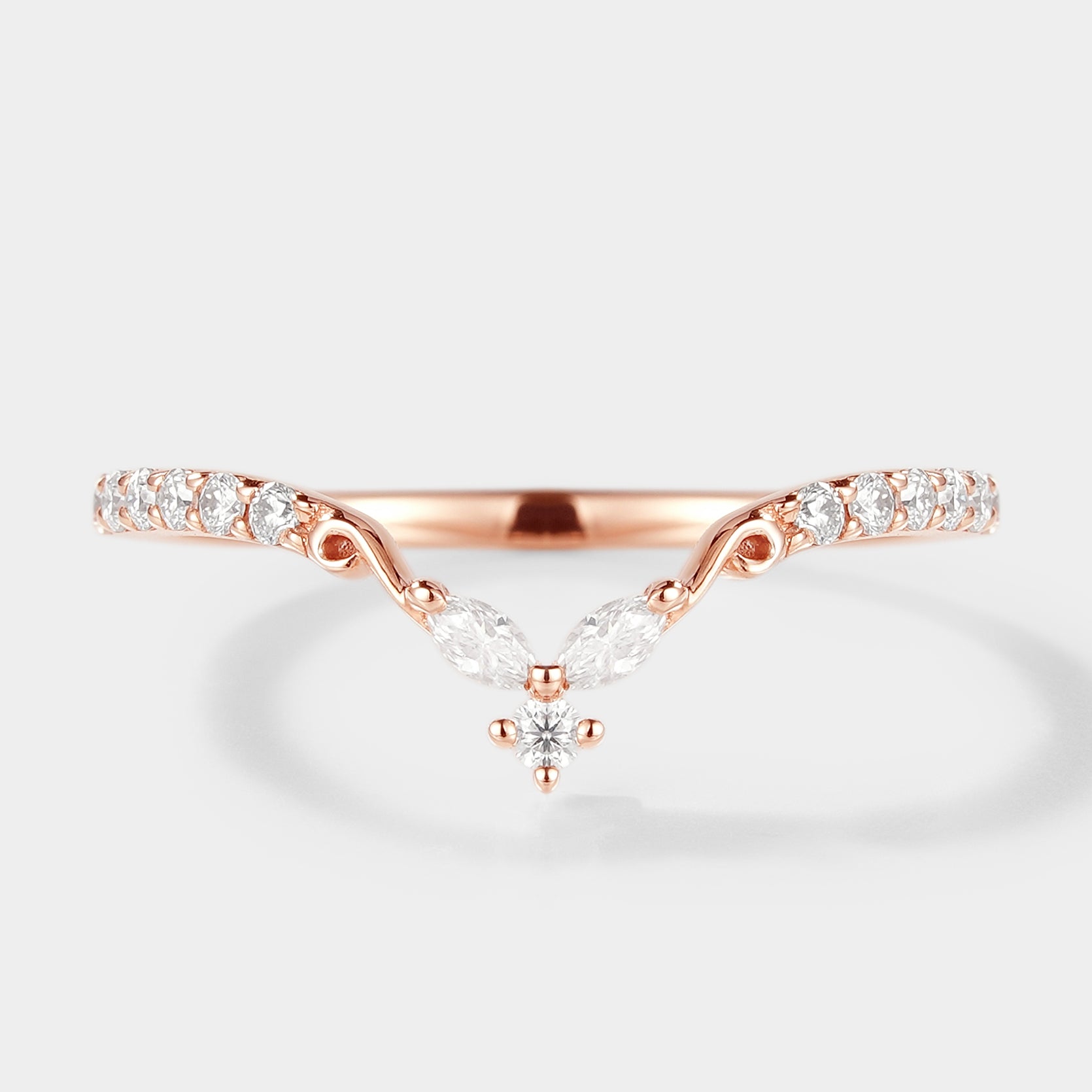 Rose gold chevron moissanite wedding band