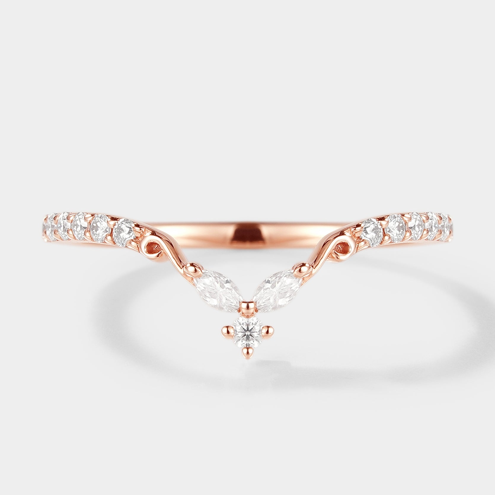Rose gold chevron moissanite wedding band