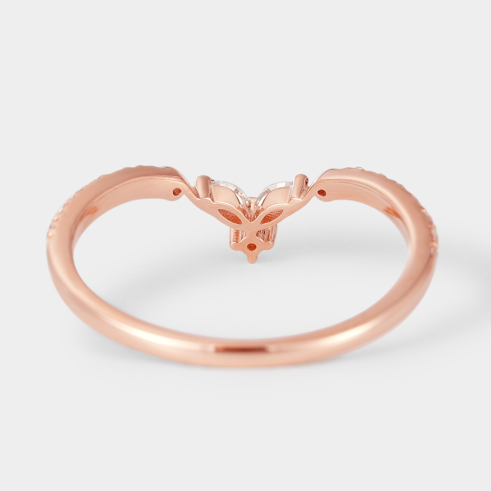 Rose gold moissanite chevron wedding band, V-shape design