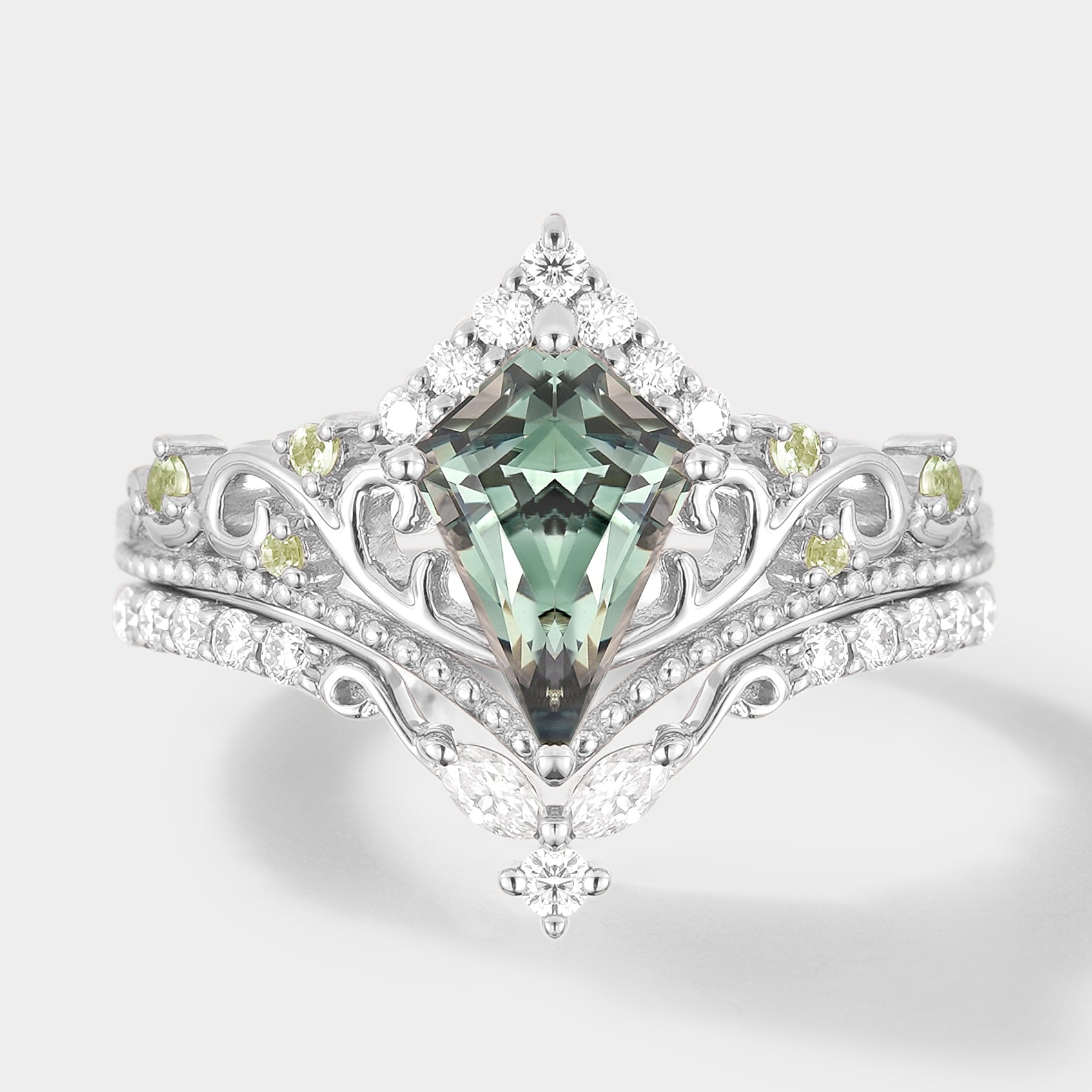 Unique Kite Cut Lab Green Sapphire Engagement Ring Set, Lahela Jewelry