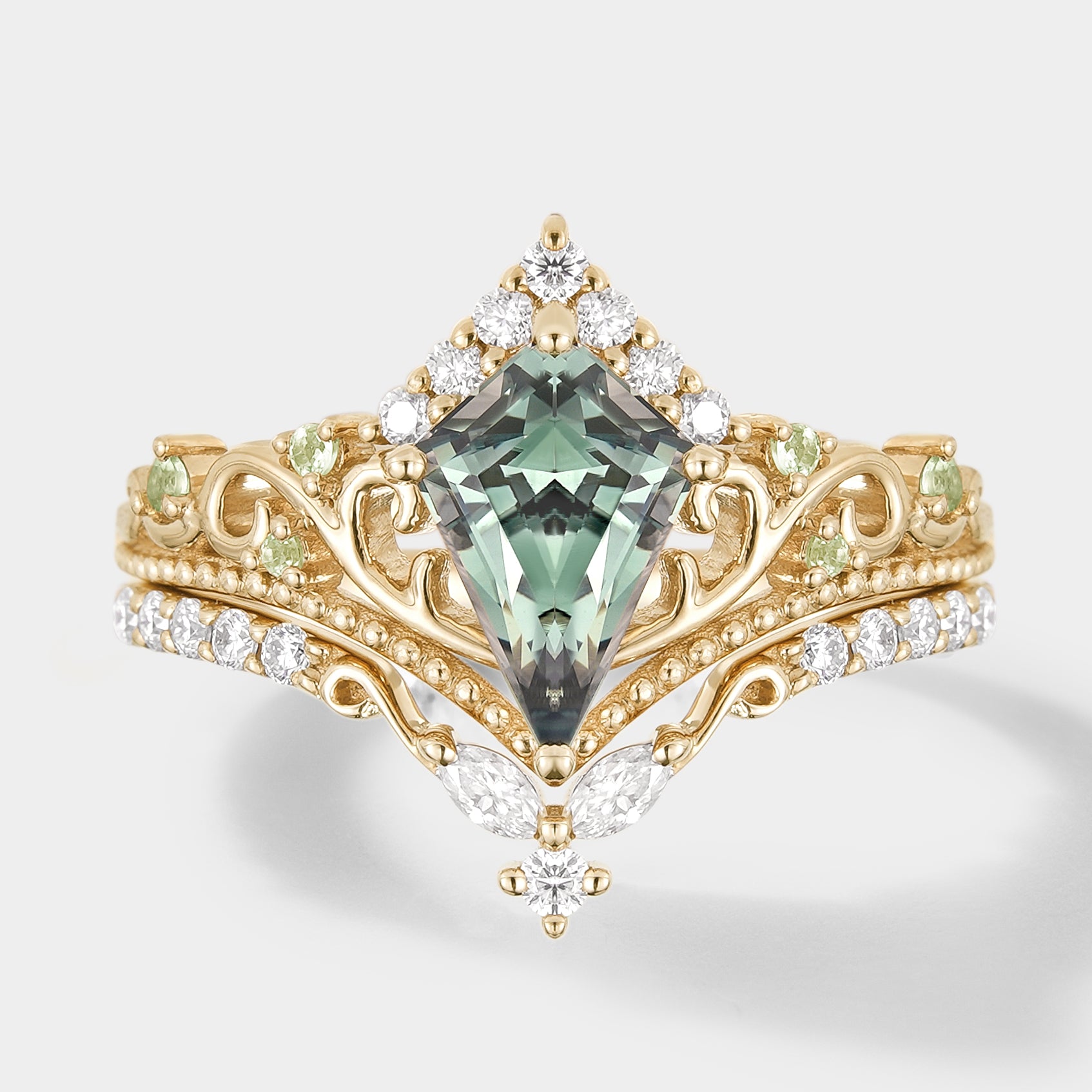 Gold Kite Cut Green Sapphire Engagement Ring Set - Lahela Jewelry