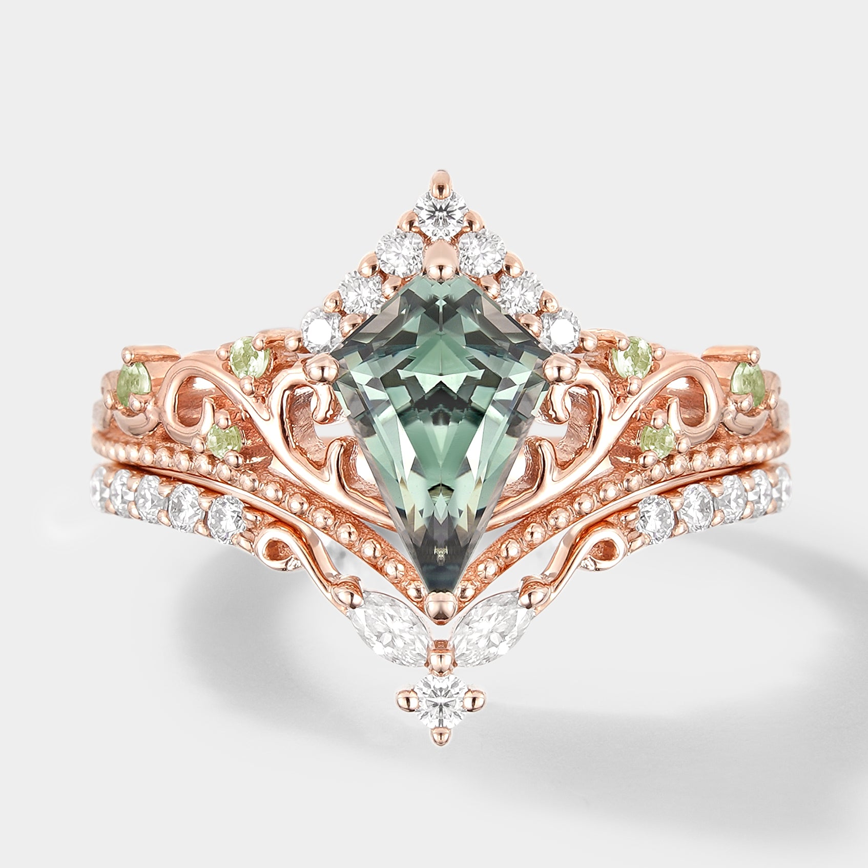 Unique Kite Cut Lab Green Sapphire Engagement Ring Set - Lahela Jewelry