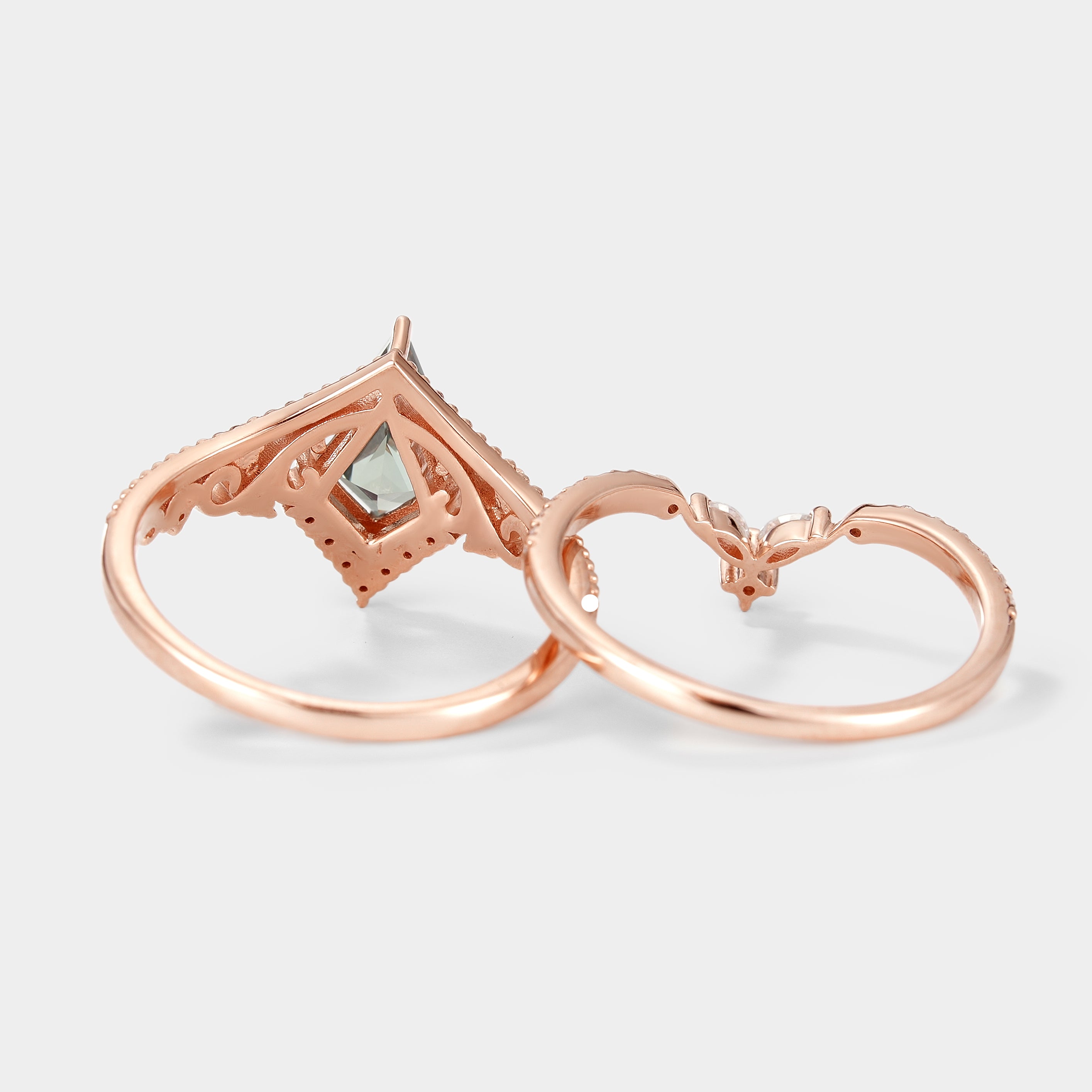 Rose gold kite cut green sapphire engagement ring set - Lahela Jewelry