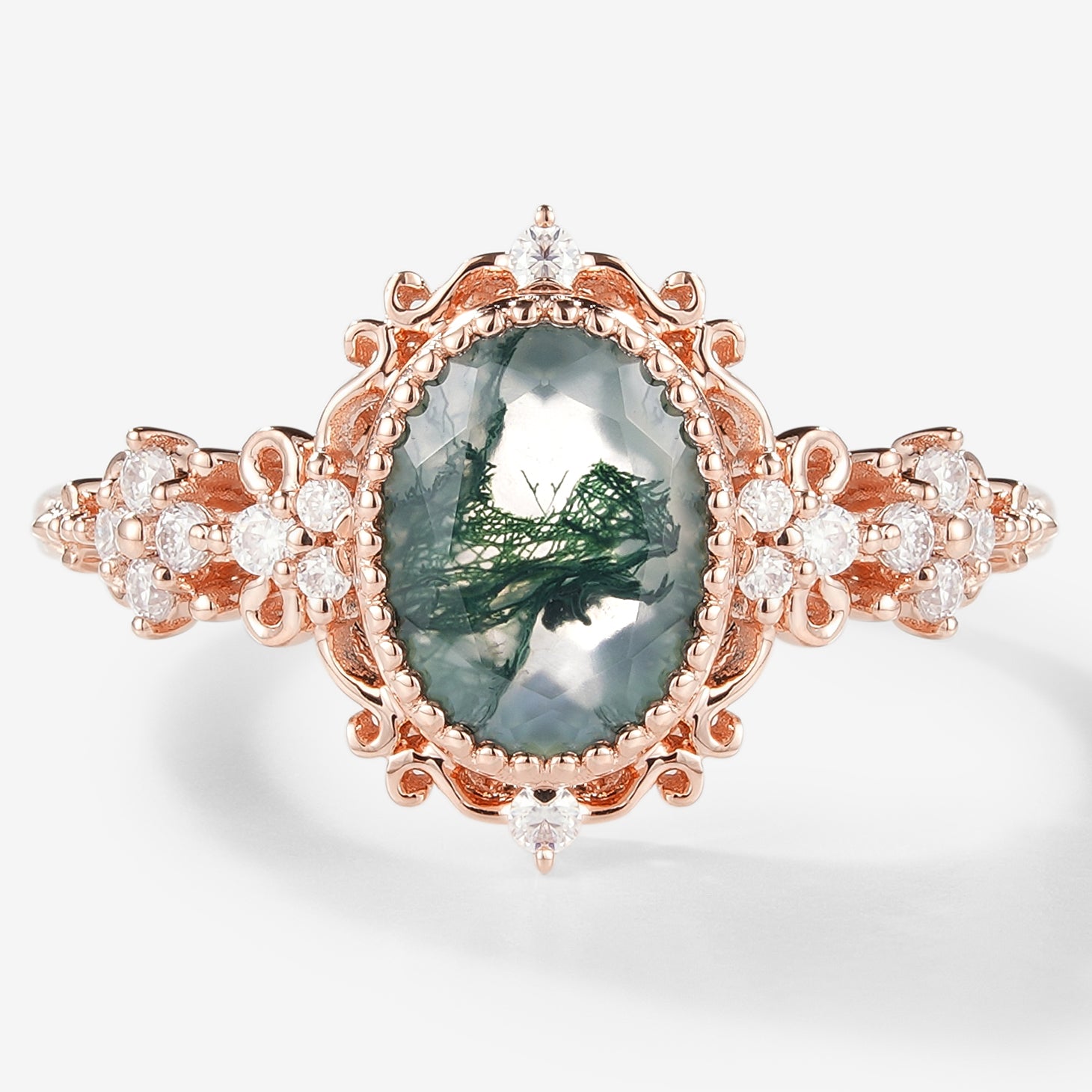 Oval Cut Moss Agate Vintage Engagement Ring - Lahela Jewelry