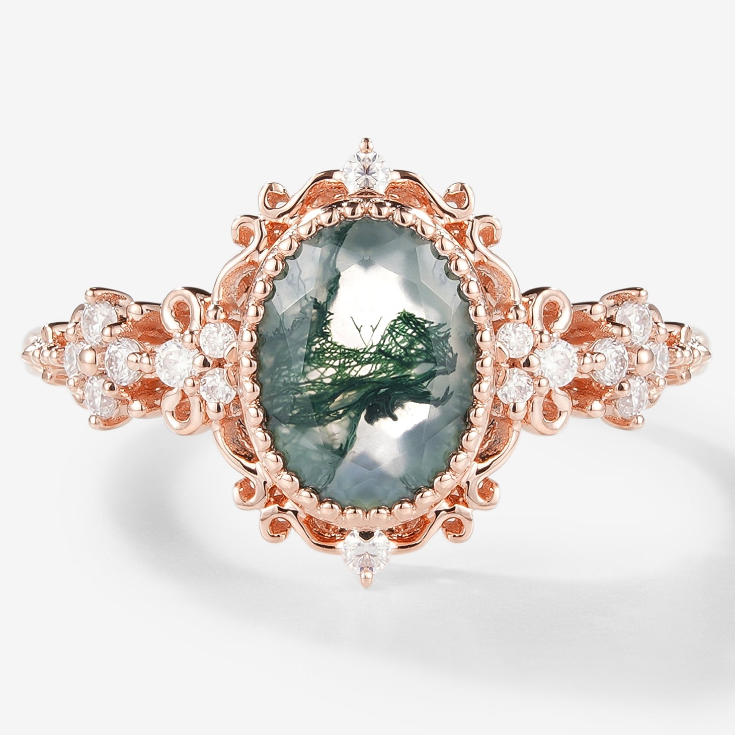 Oval Cut Moss Agate Vintage Engagement Ring - Lahela Jewelry
