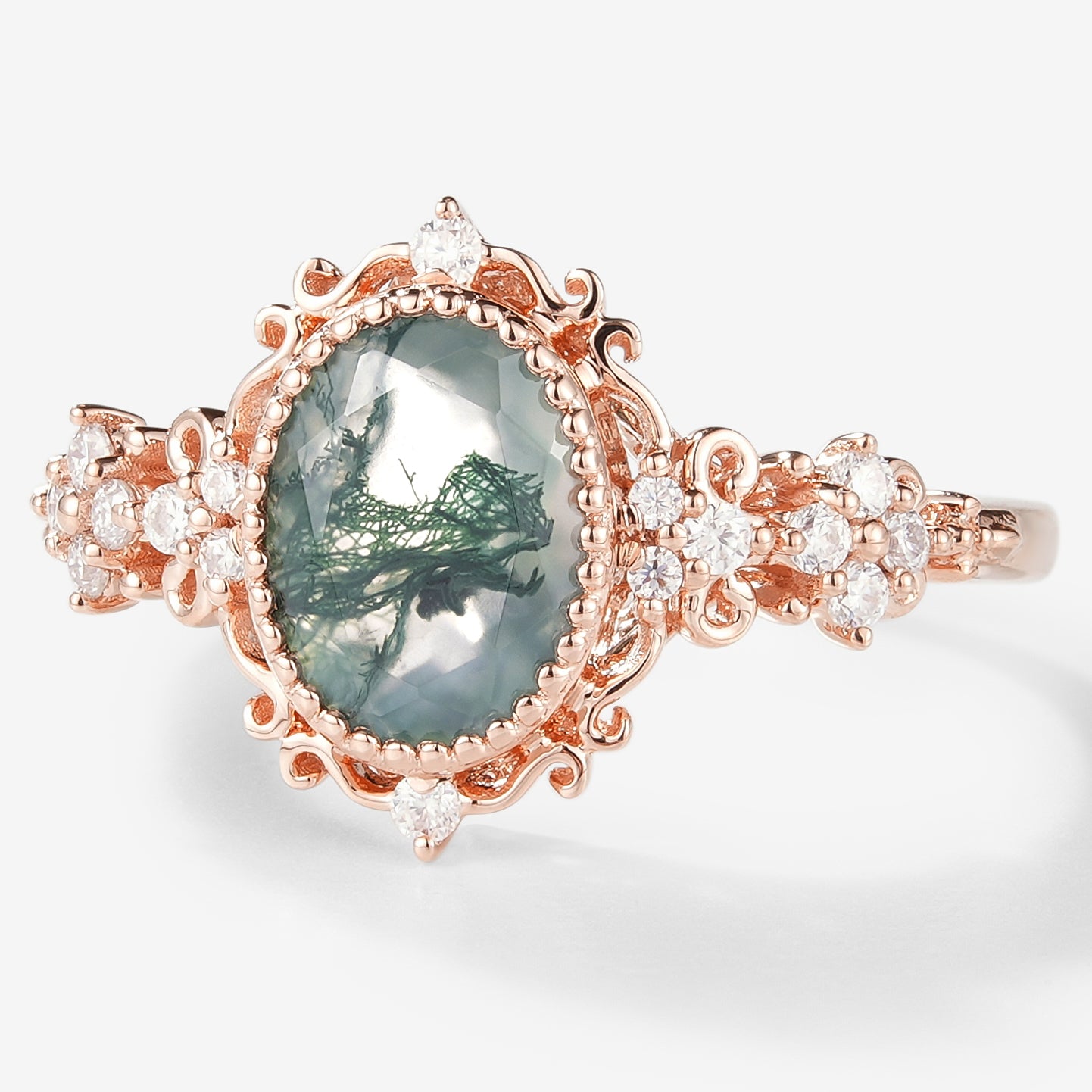 Oval Cut Moss Agate Vintage Engagement Ring - Lahela Jewelry