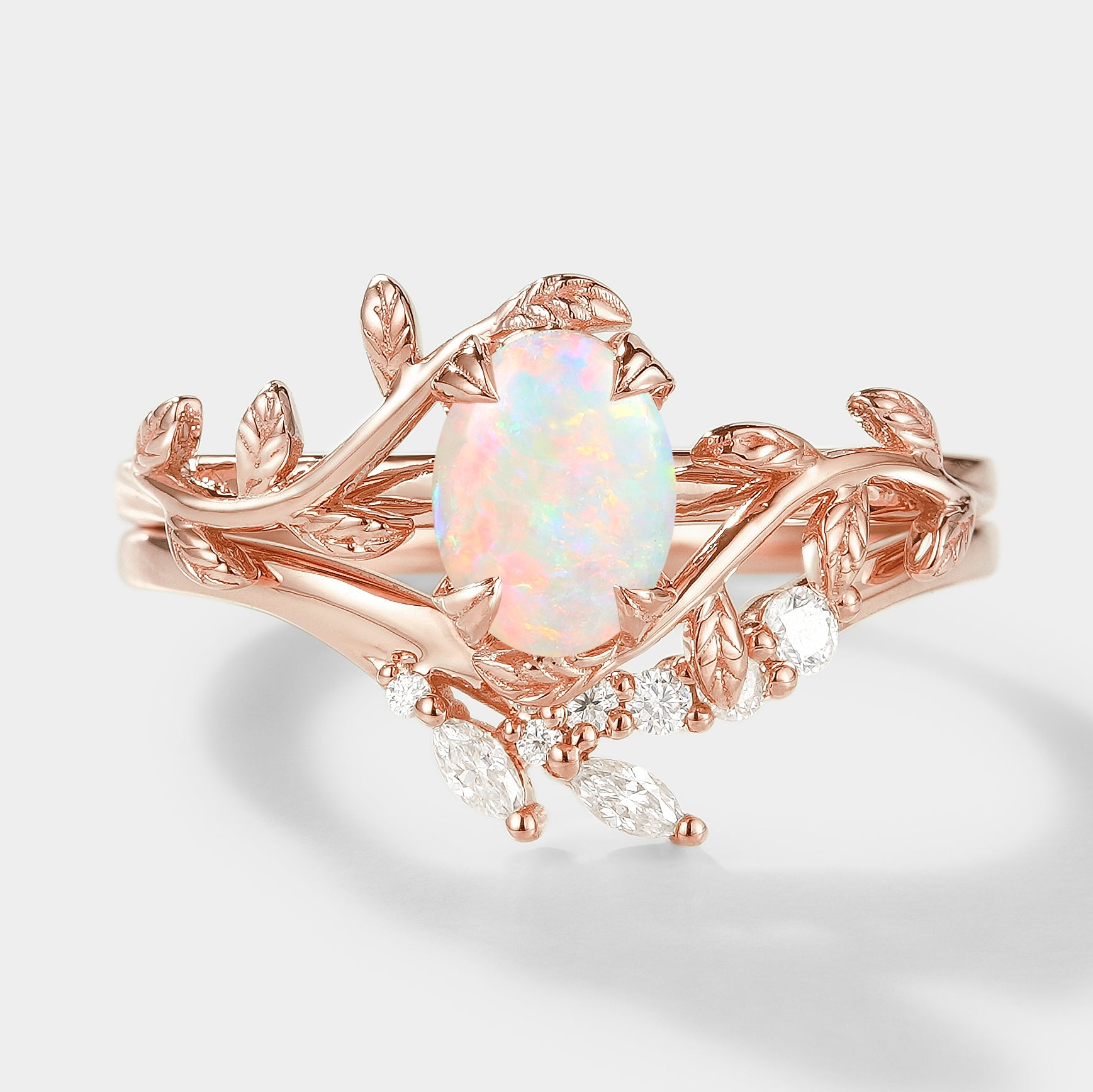 Oval cut opal leaf engagement ring set, rose gold