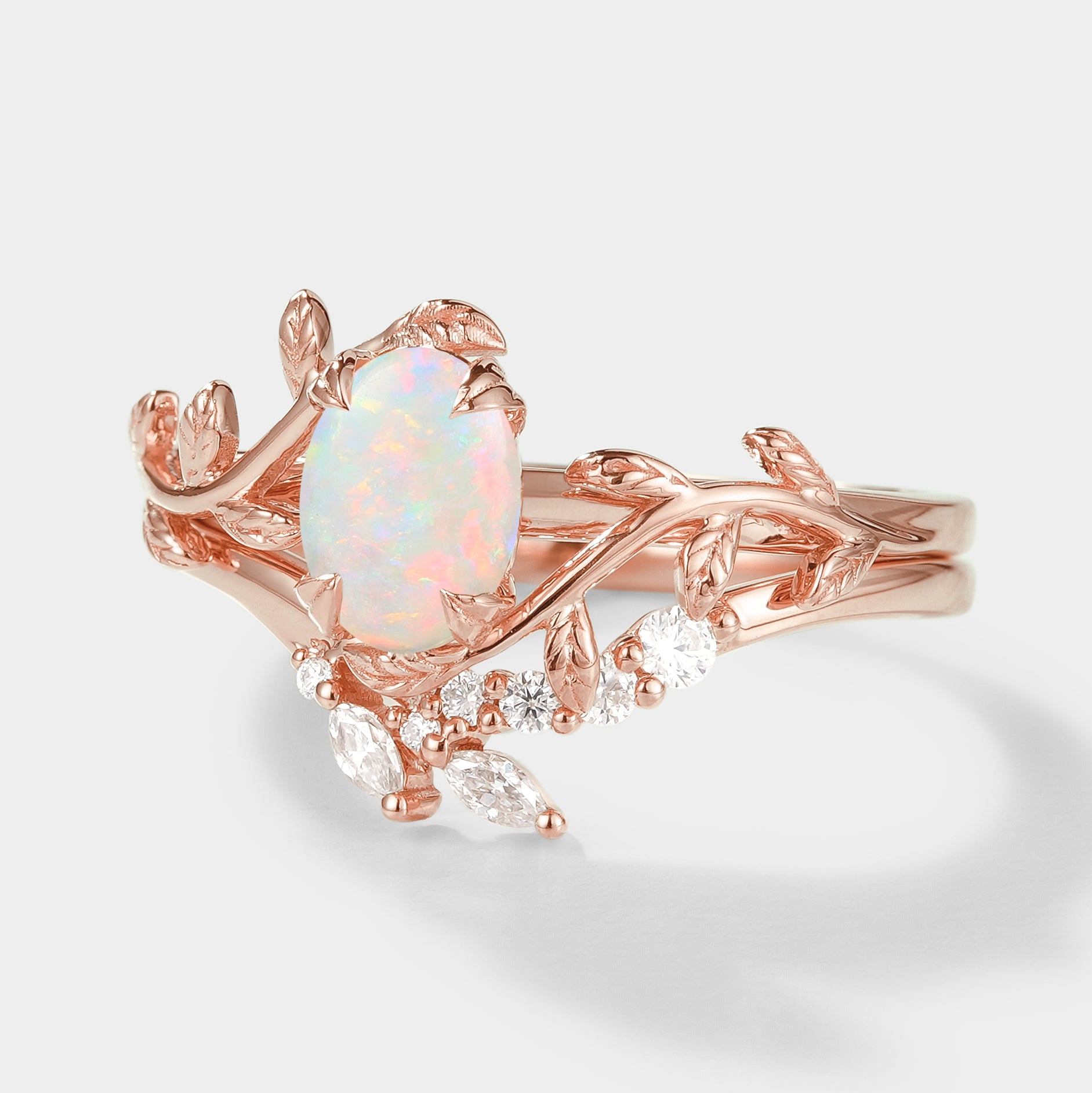 Oval opal leaf engagement ring set, rose gold, nature-inspired design