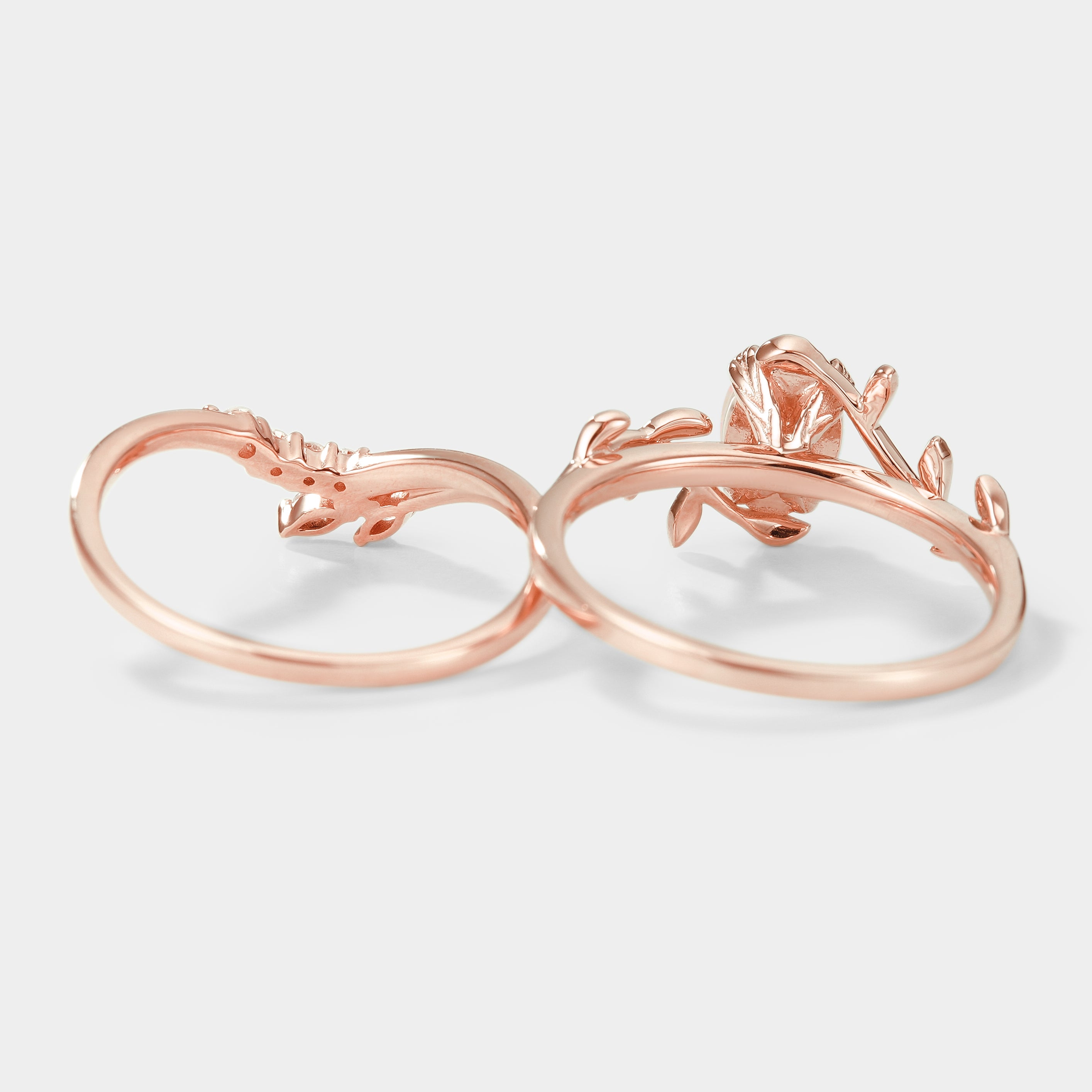 Rose gold leaf engagement ring set, nature-inspired design