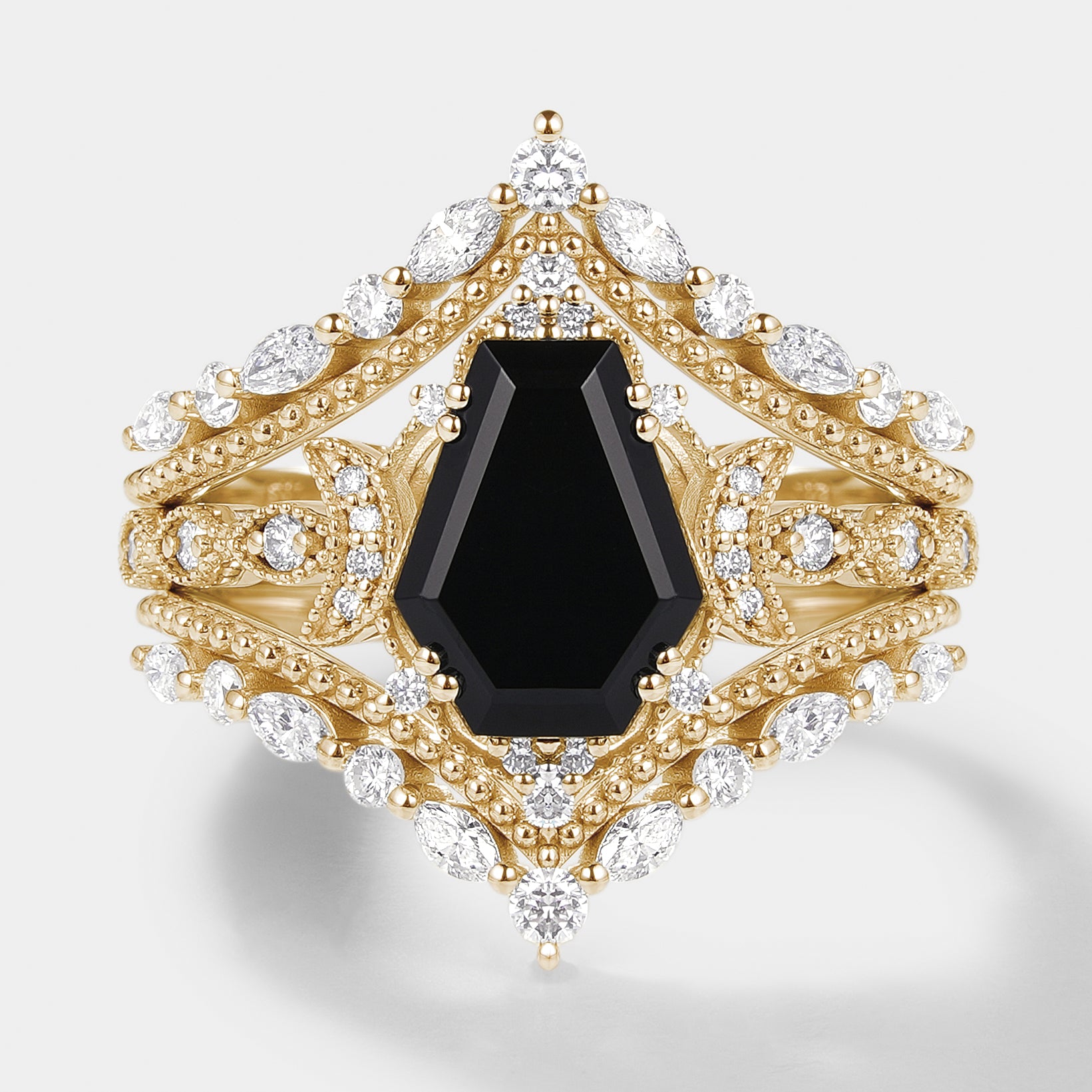 Unique black onyx coffin cut ring set with moissanite accents