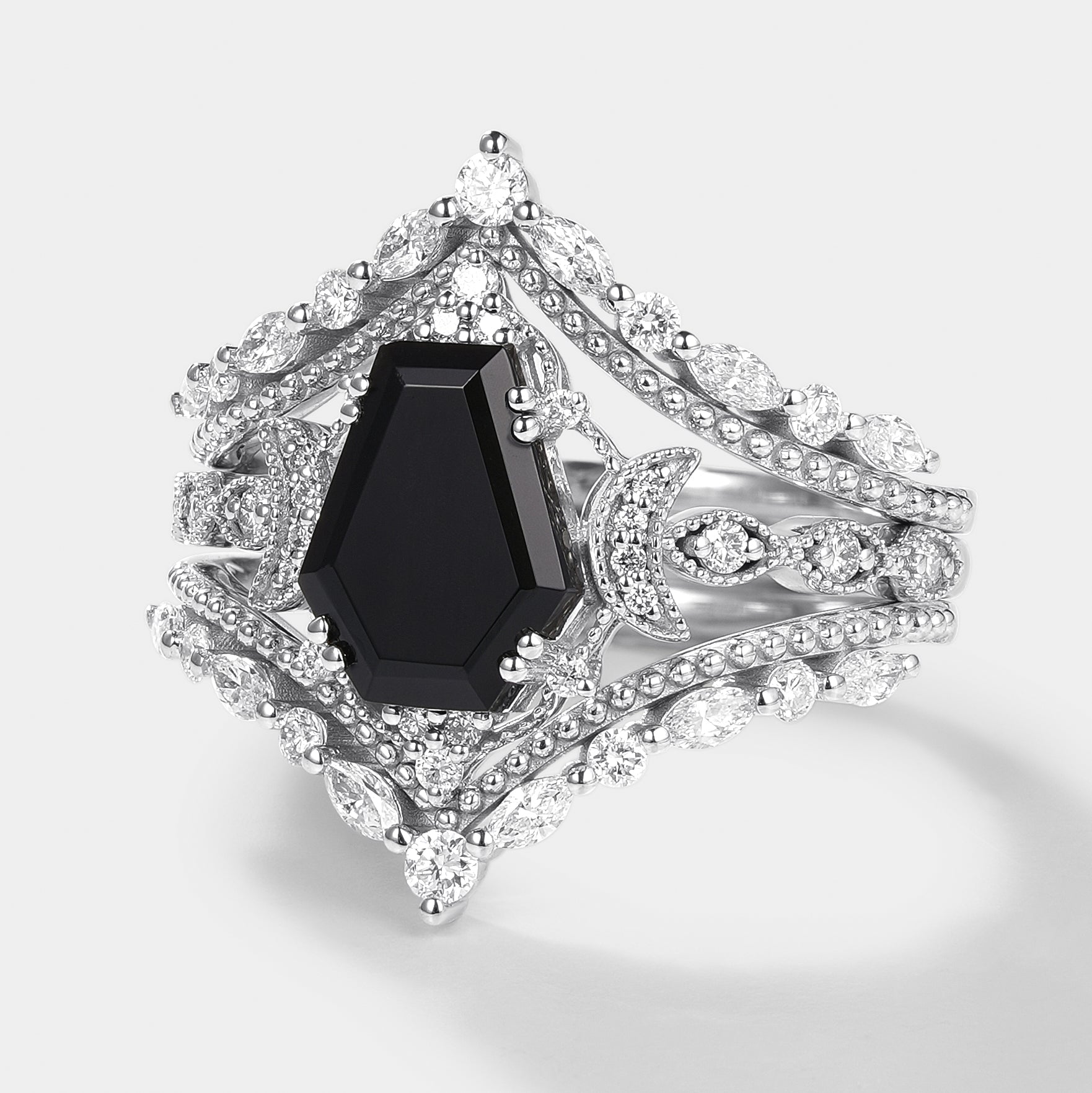 Black Onyx Coffin Cut Engagement Ring Set with Floral Moissanite Accents