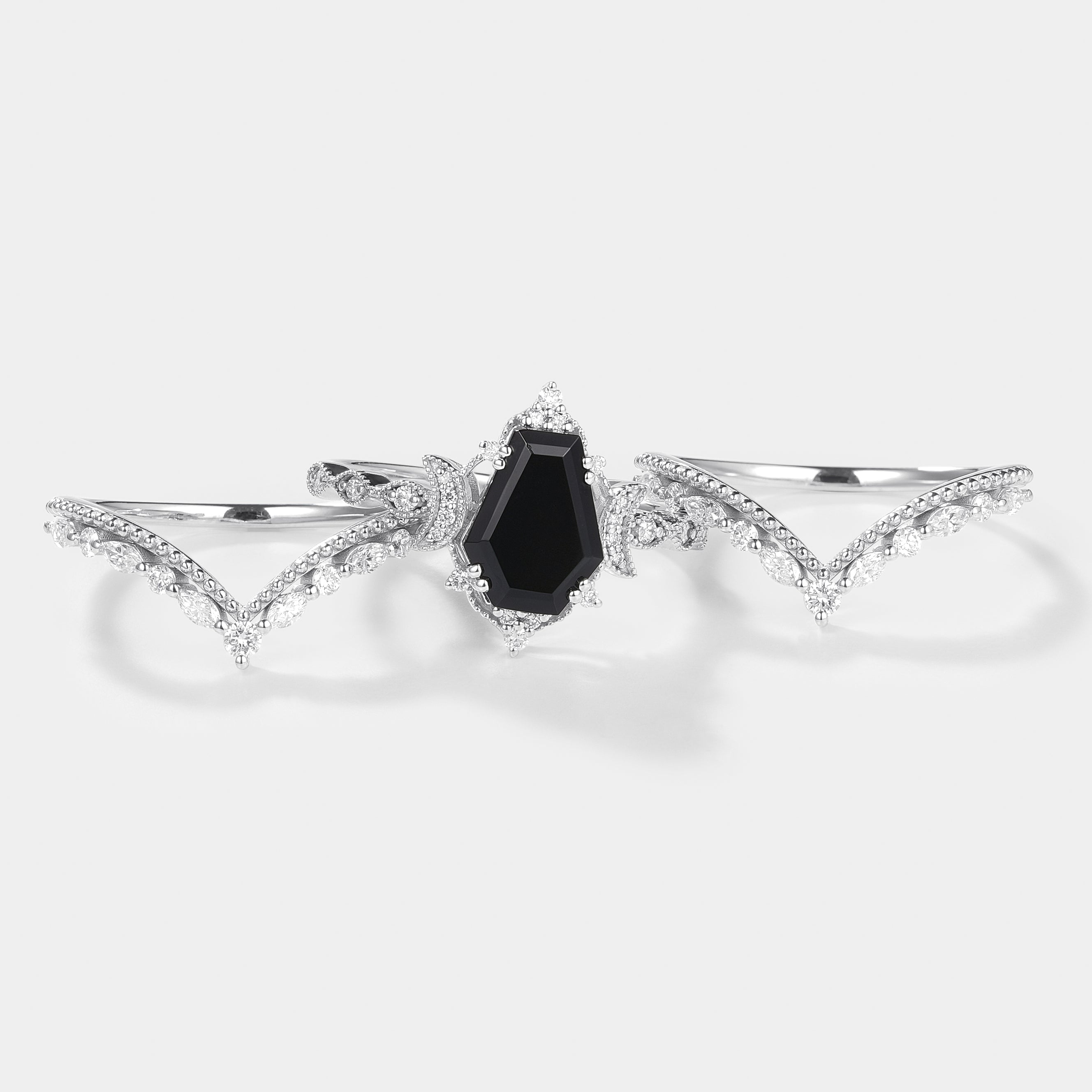 Black Onyx Coffin Cut Engagement Ring Set