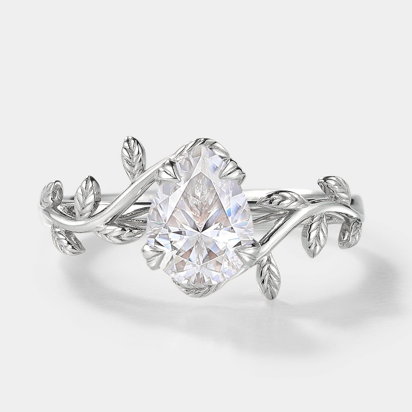 Silver Leaf Engagement Ring with Pear Cut Moissanite