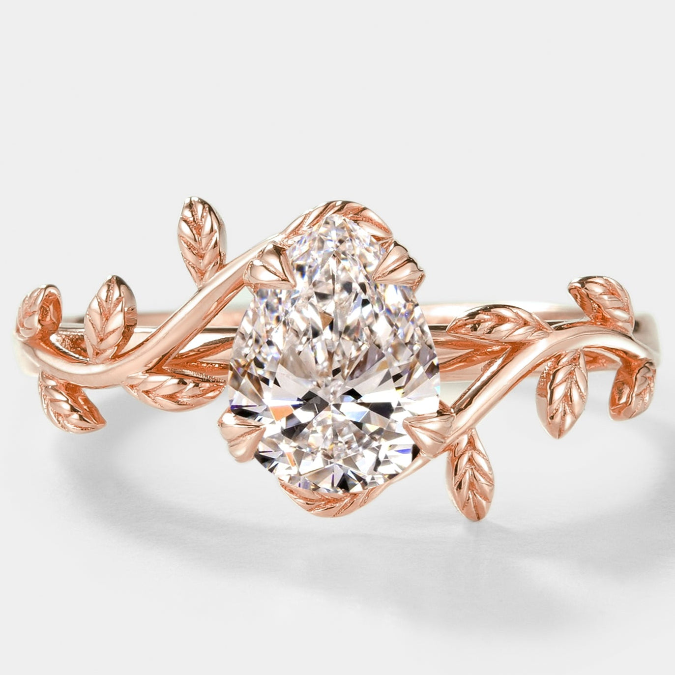 Pear Cut Lab Grown Diamond Engagement Ring With Leaves - Lahela Jewelry