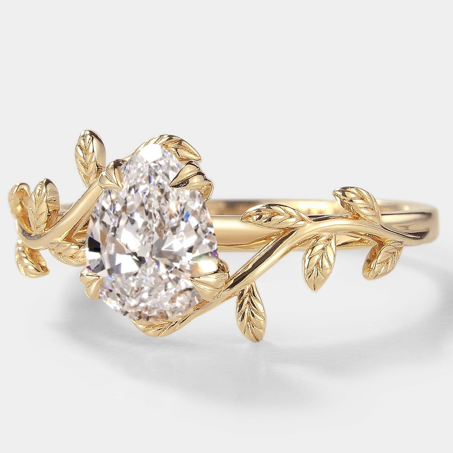 Pear Cut Lab Grown Diamond Engagement Ring With Leaves - Lahela Jewelry