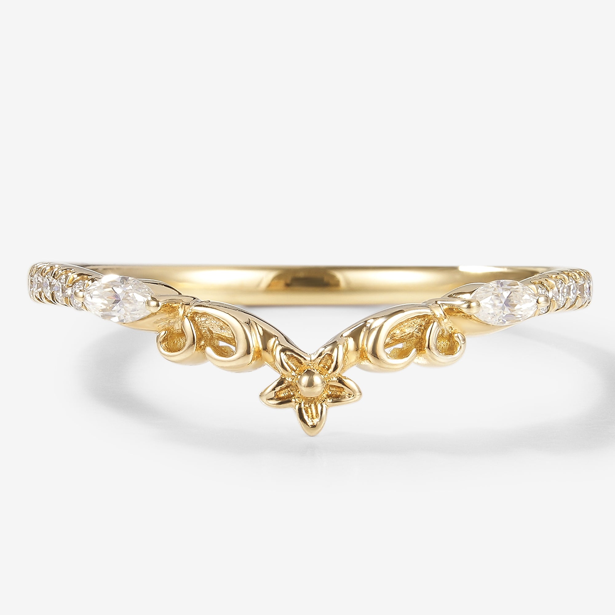Moissanite Flora Stackable Wedding Band in yellow gold, featuring floral design and sparkling moissanite stones