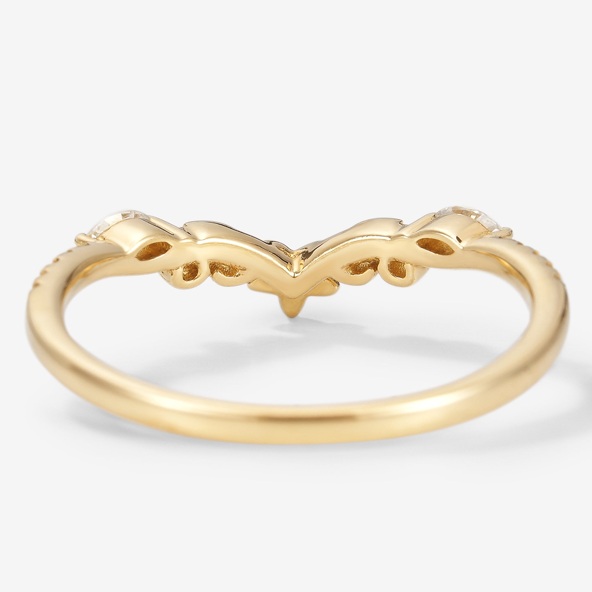 Yellow gold Moissanite floral wedding band. Delicate design featuring sparkling moissanite stones, ideal for bridal sets.