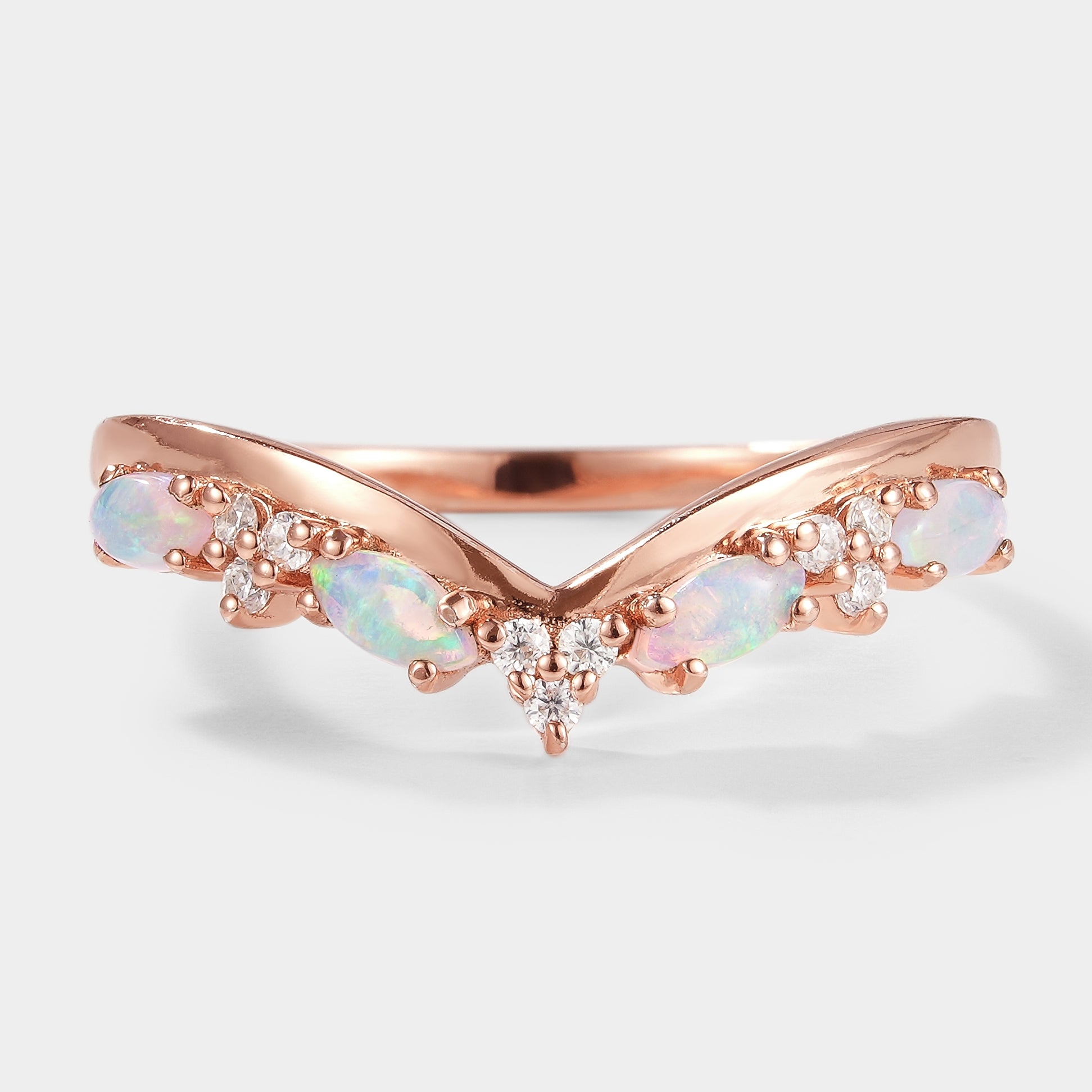Rose gold opal chevron wedding band with moissanite accents, bridal set ring set.