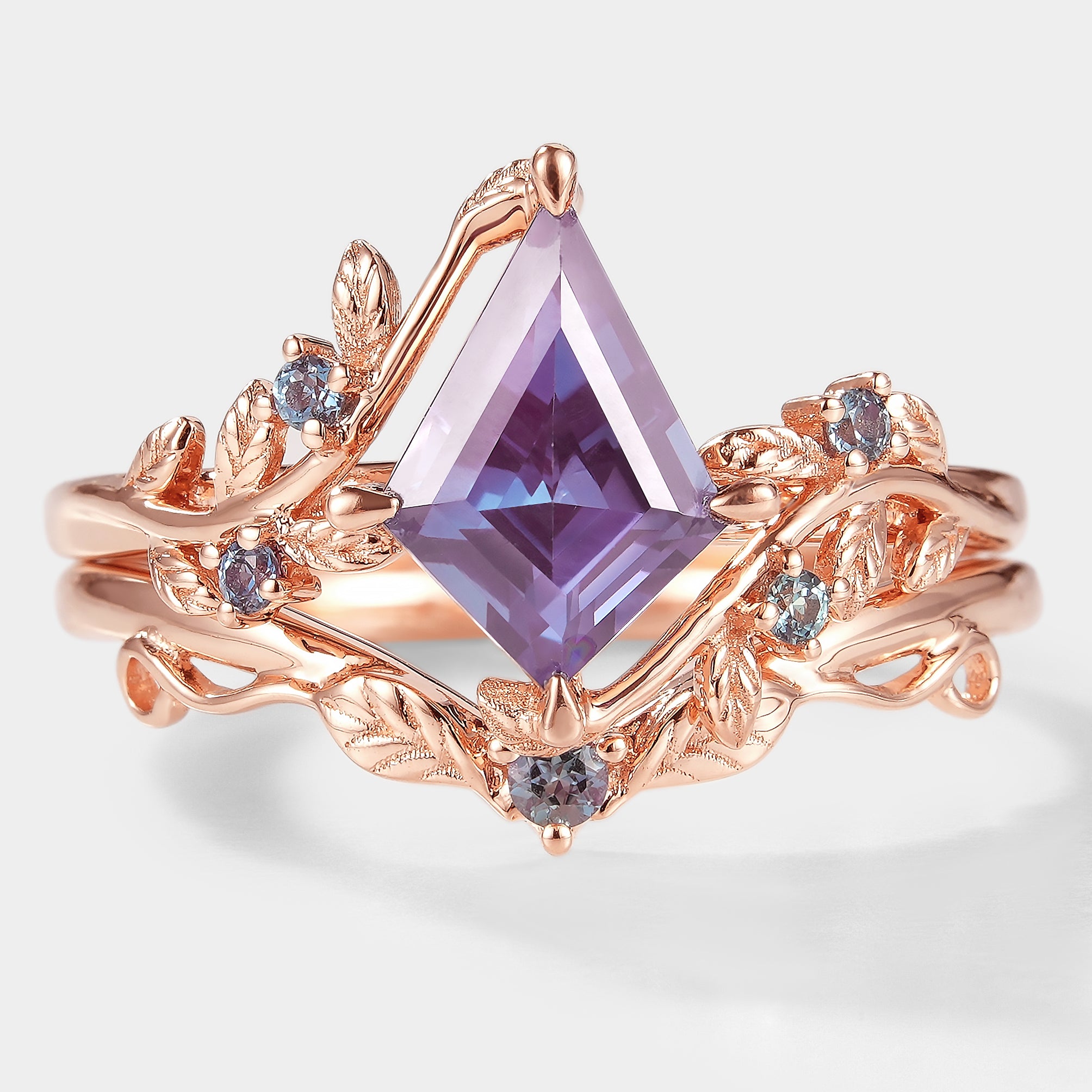 Kite Cut Alexandrite Bridal Set With Leaf - Alder - Lahela Jewelry