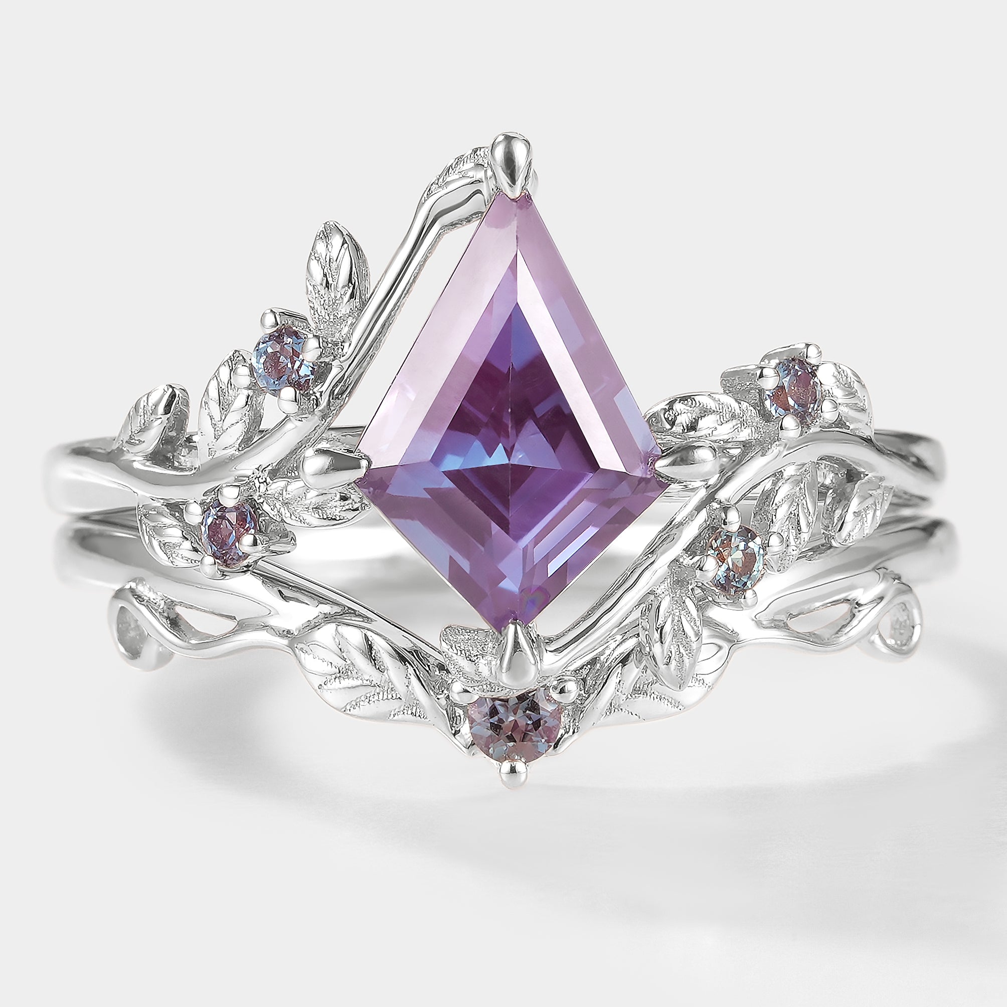 Kite Cut Alexandrite Bridal Set With Leaf - Alder - Lahela Jewelry