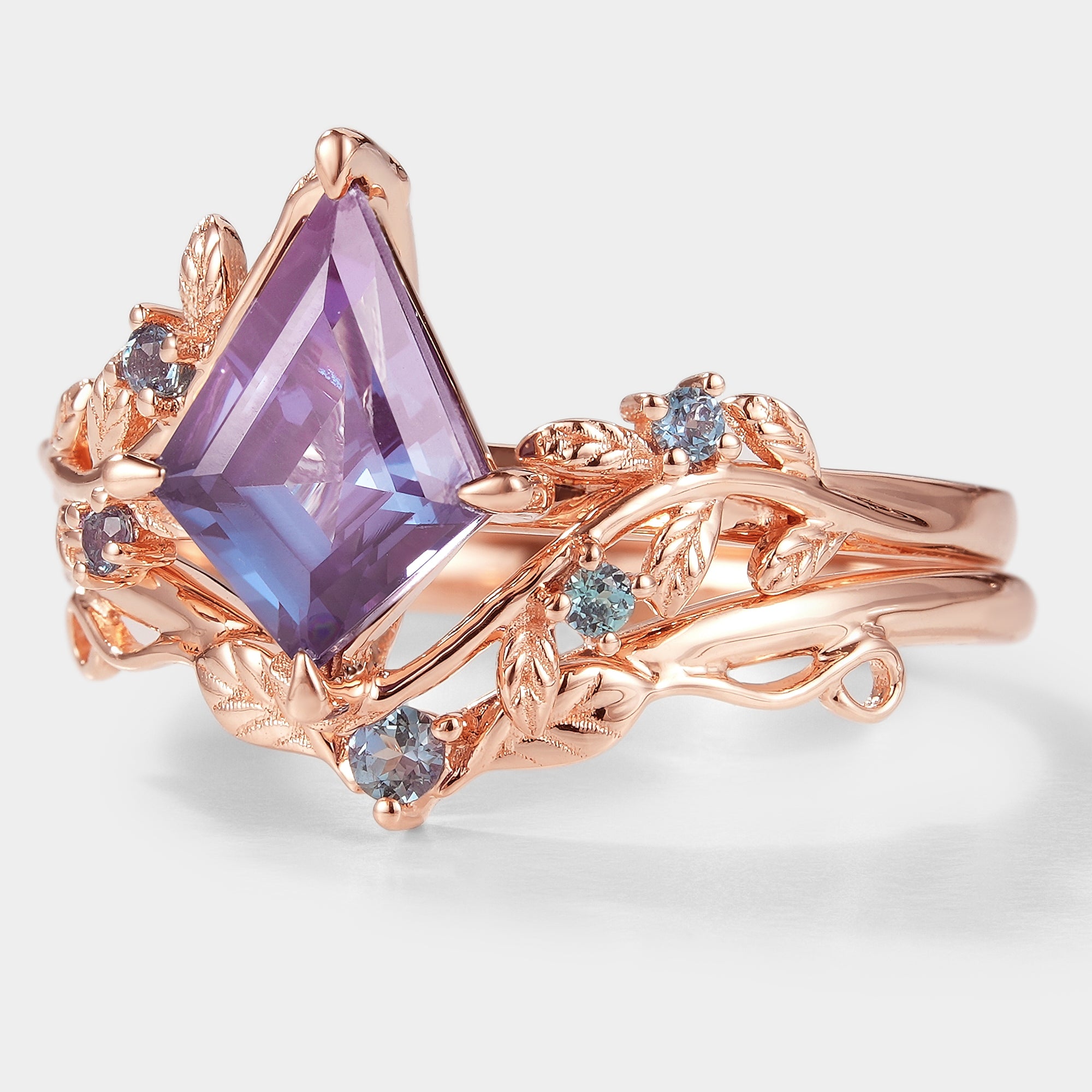 Kite Cut Alexandrite Bridal Set With Leaf - Alder - Lahela Jewelry