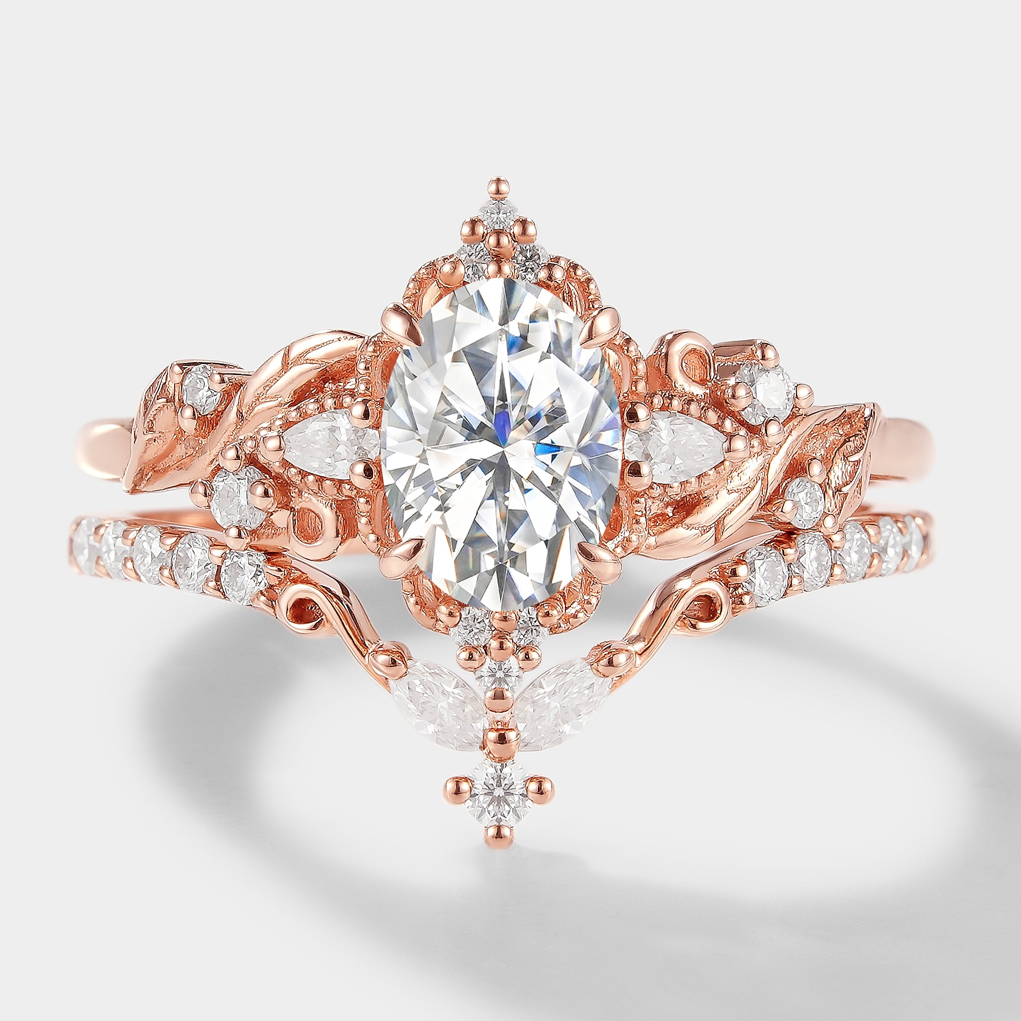 Rose gold leaf design engagement ring set with oval cut moissanite, wedding ring set, bridal set, vintage style