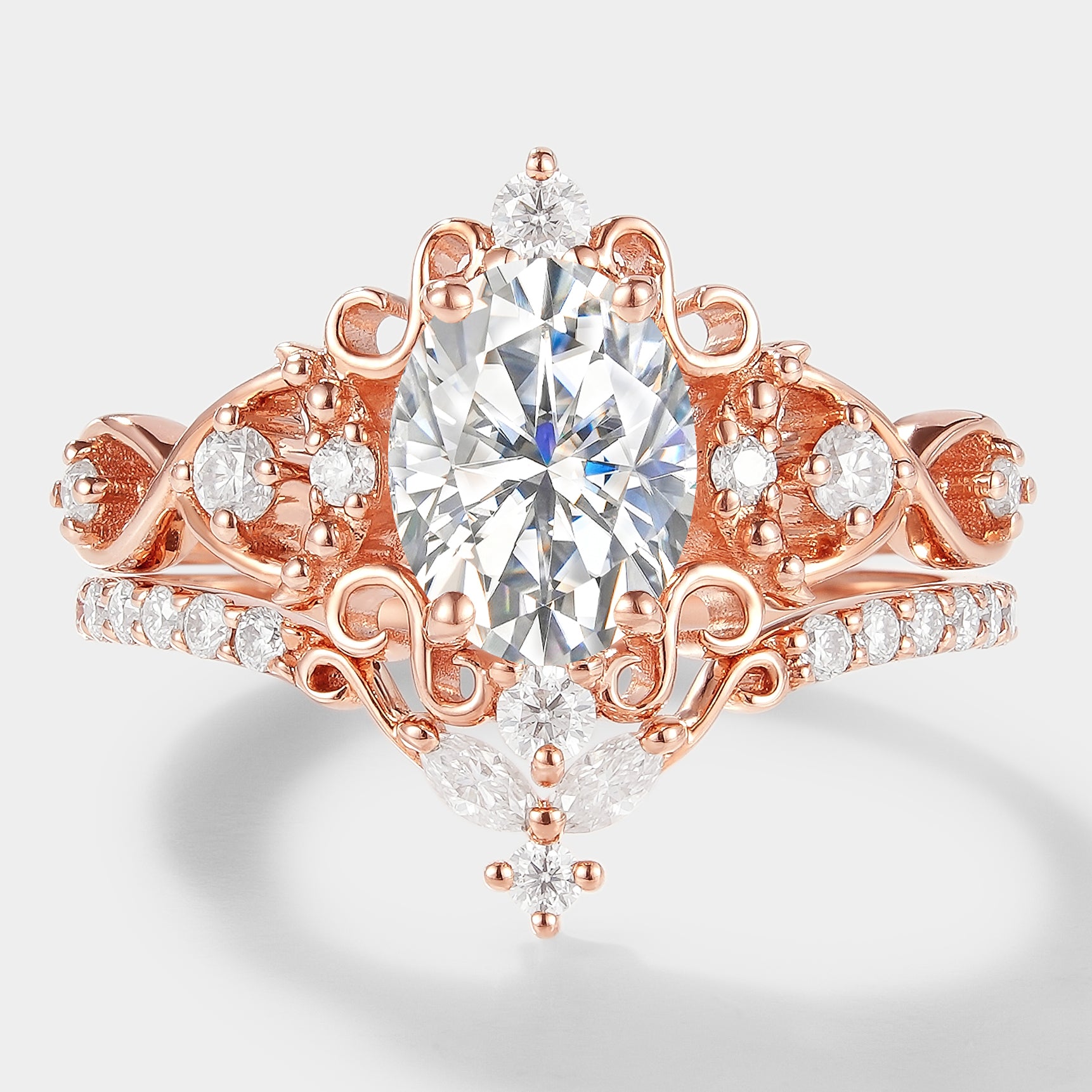 Vintage moissanite engagement ring set in rose gold, oval cut, halo design, bridal set with moissanite wedding band