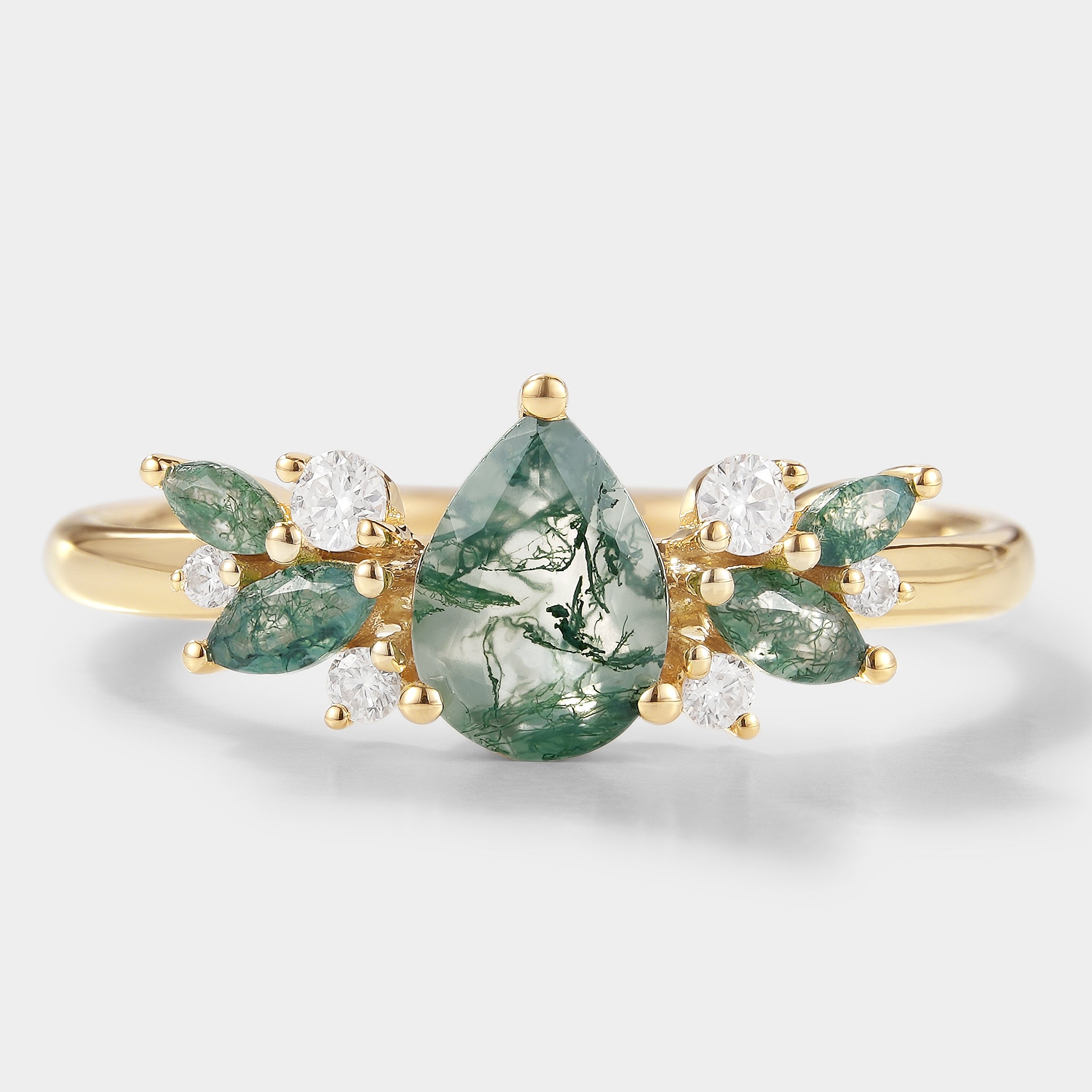 Teardrop Moss Agate Engagement Ring with gold band and moissanite accents