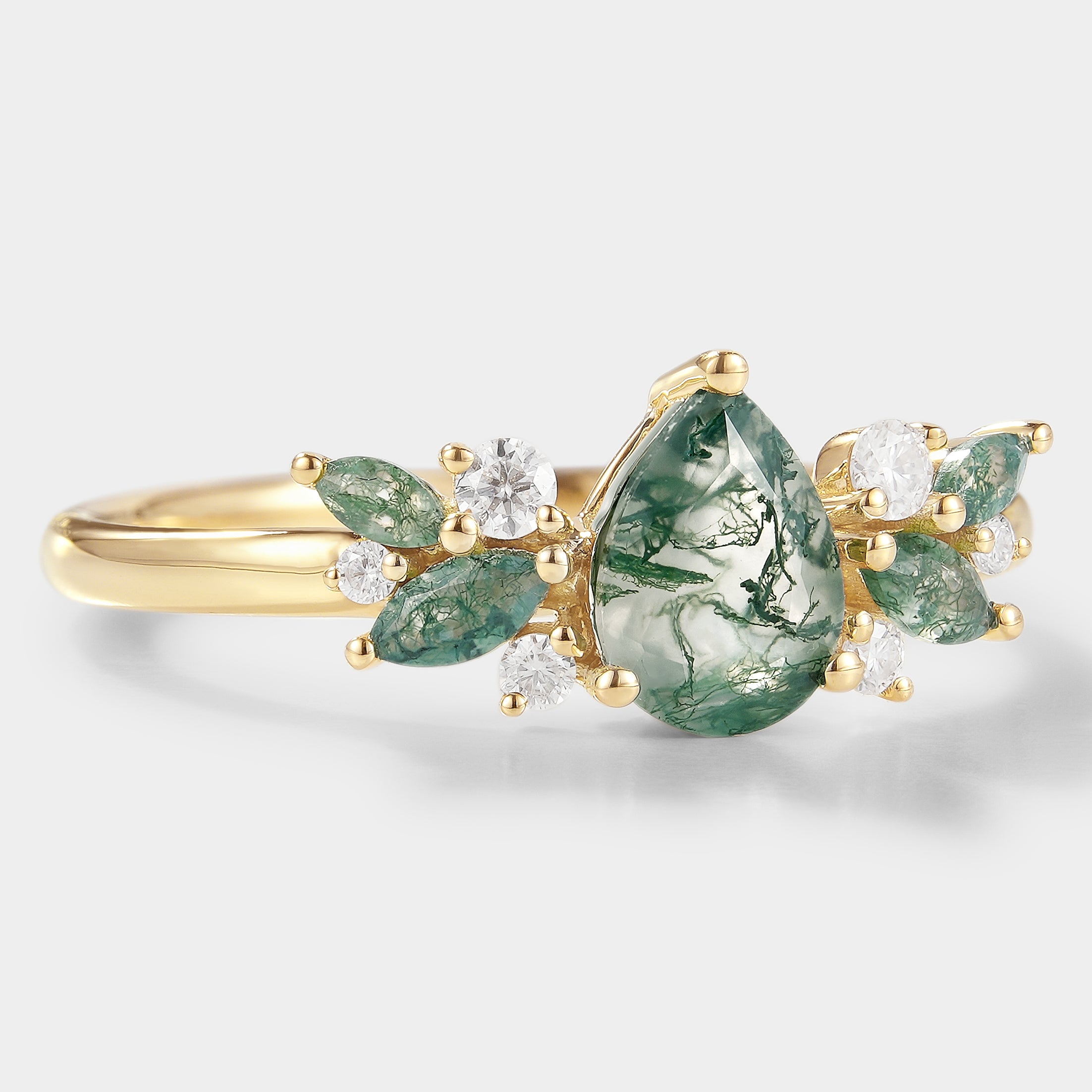 Teardrop moss agate engagement ring with moissanite and moss agate accents, gold band. Bridal set ring
