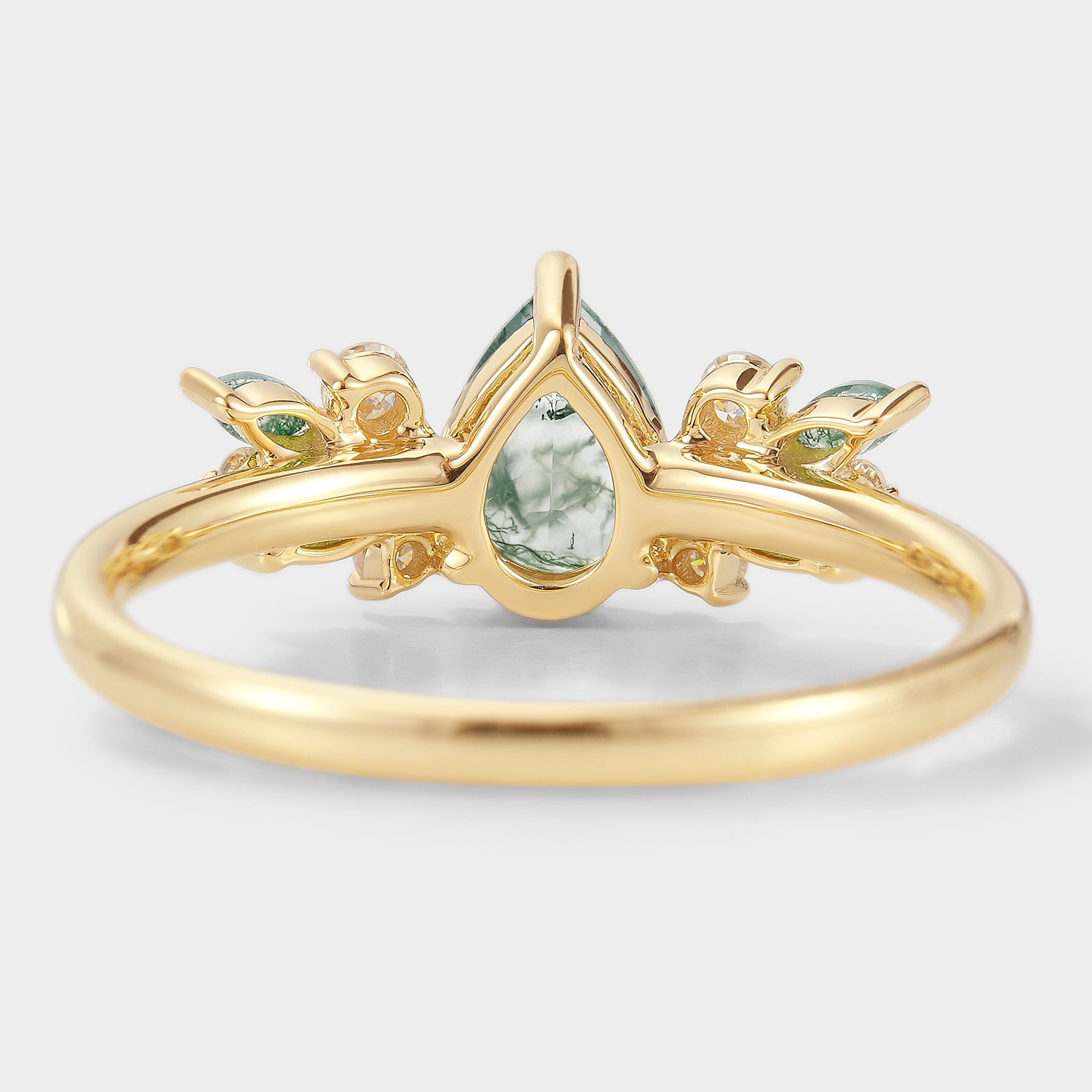 Yellow gold teardrop moss agate engagement ring with moissanite accents, bridal ring, vintage style