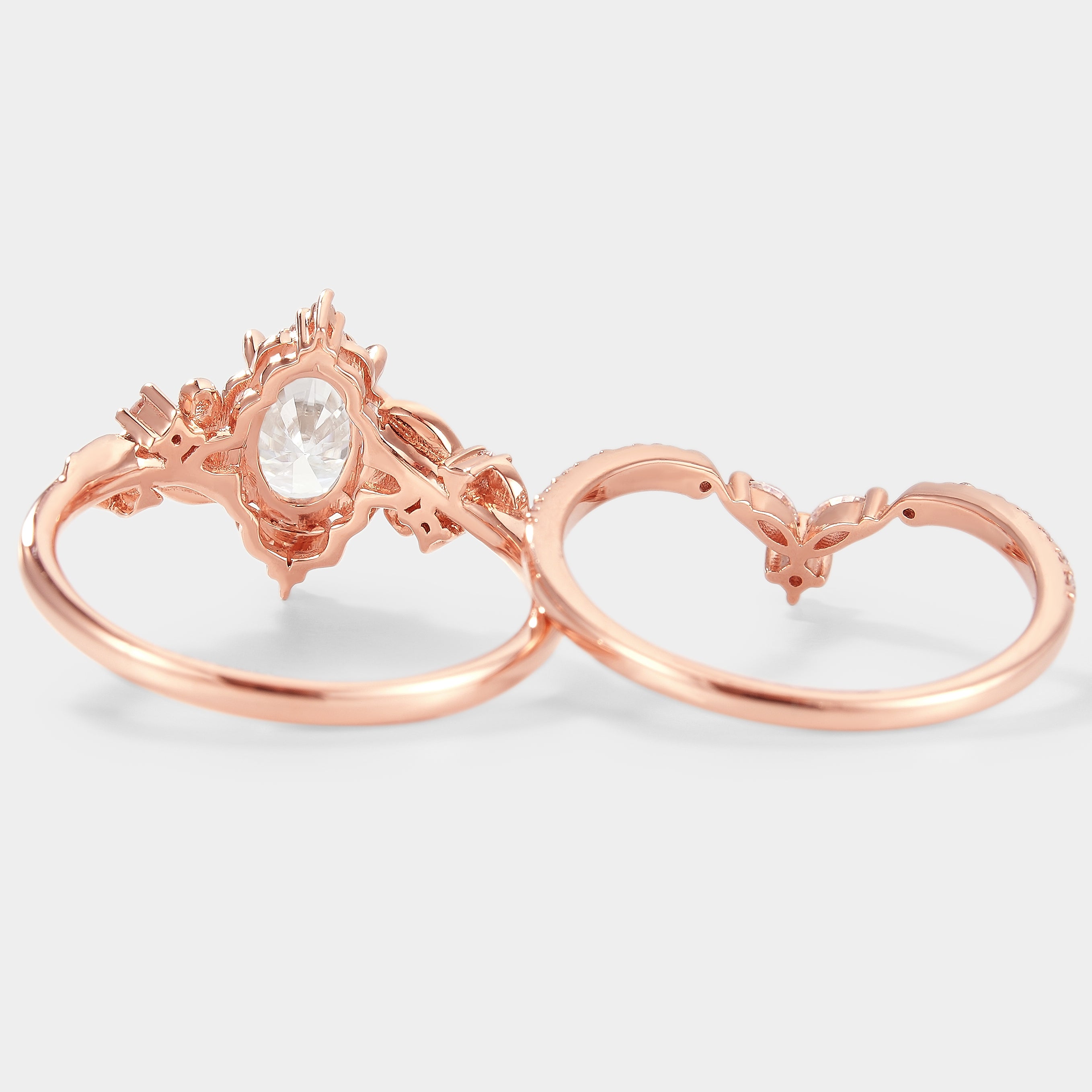 Rose gold moissanite ring set with leaf design, engagement ring and wedding band, bridal jewelry