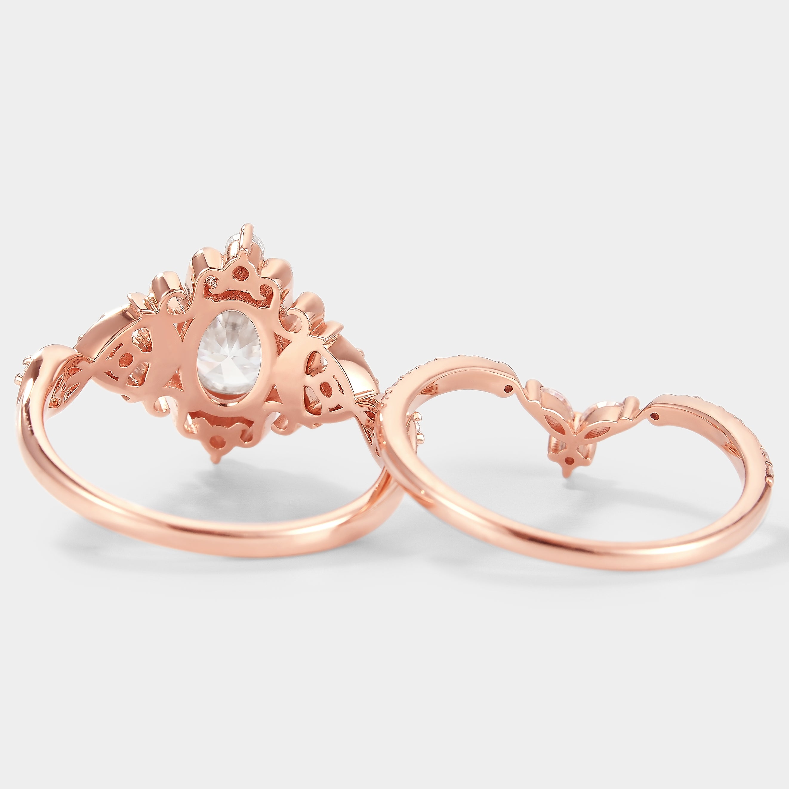 Rose gold vintage moissanite engagement ring set, oval cut with halo design, bridal set