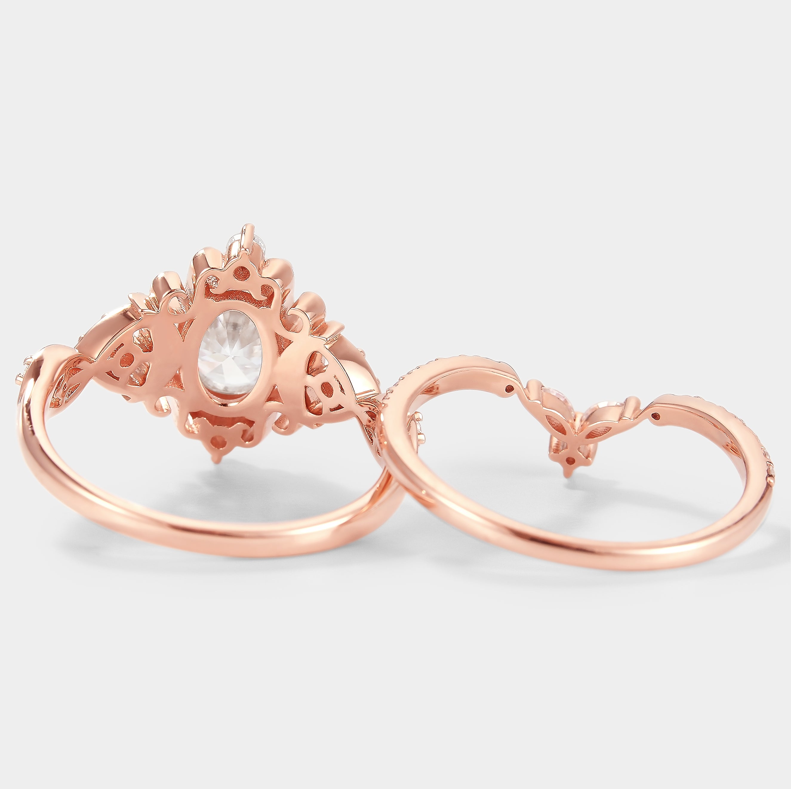 Rose gold vintage moissanite engagement ring set, oval cut with halo design, bridal set