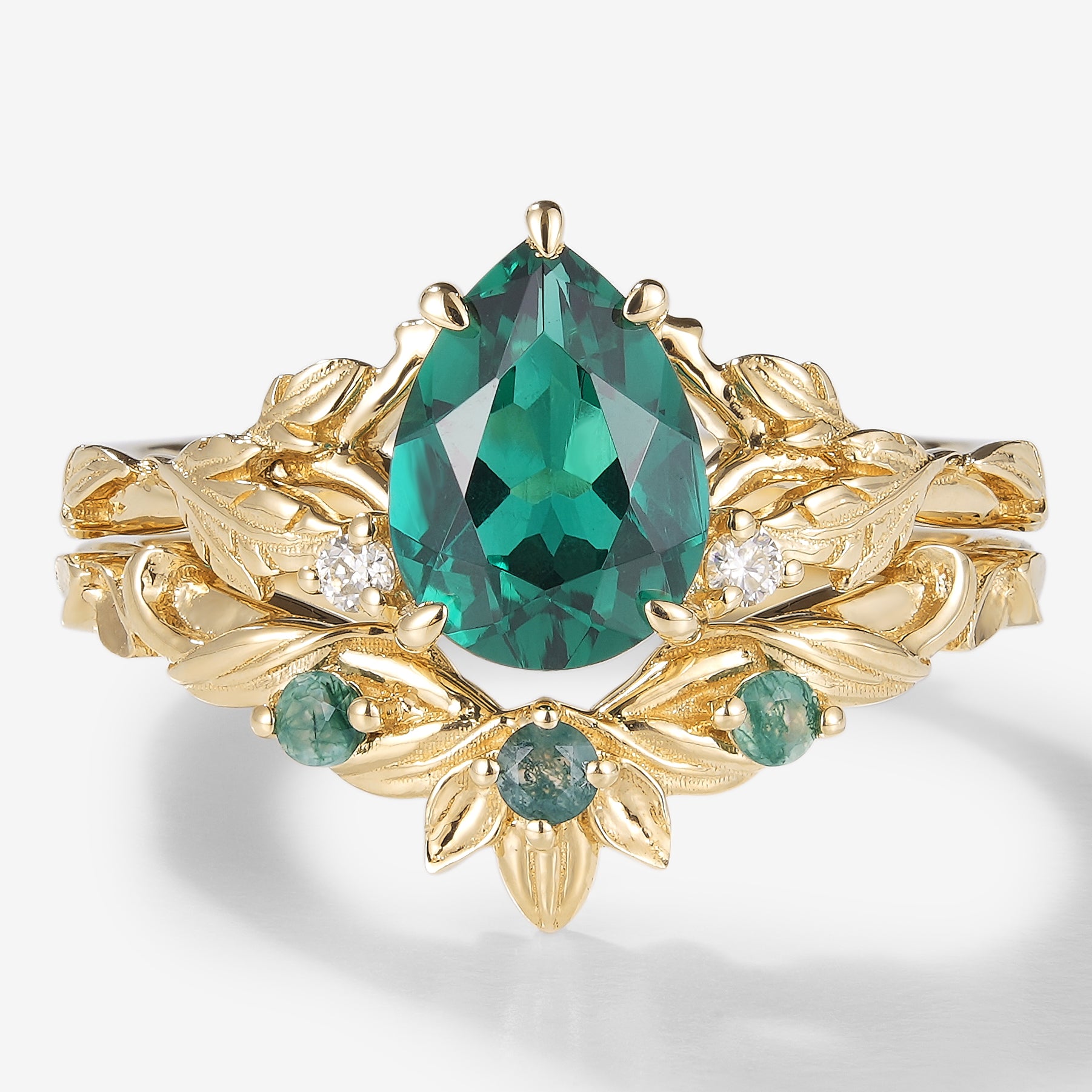 Pear Cut Lab Created Emerald Leaf Bridal Set in Solid Gold - Engagement and Wedding Ring Set