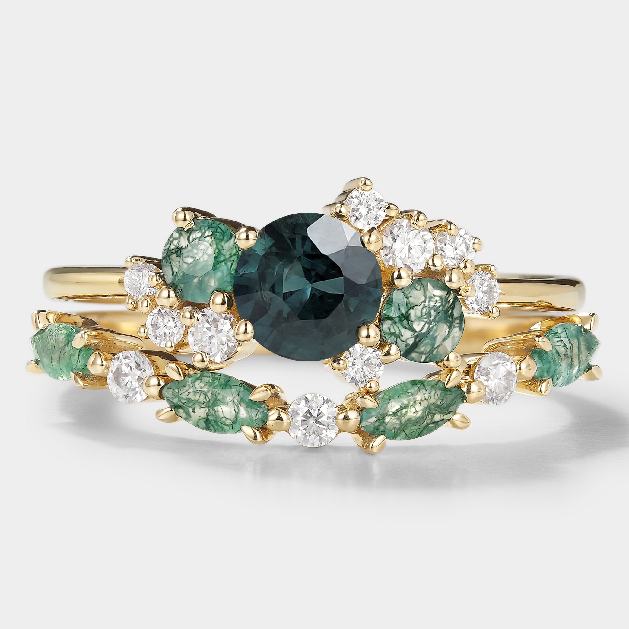 Teal sapphire engagement ring set with moss agate and moissanite in solid gold, bridal set, wedding rings