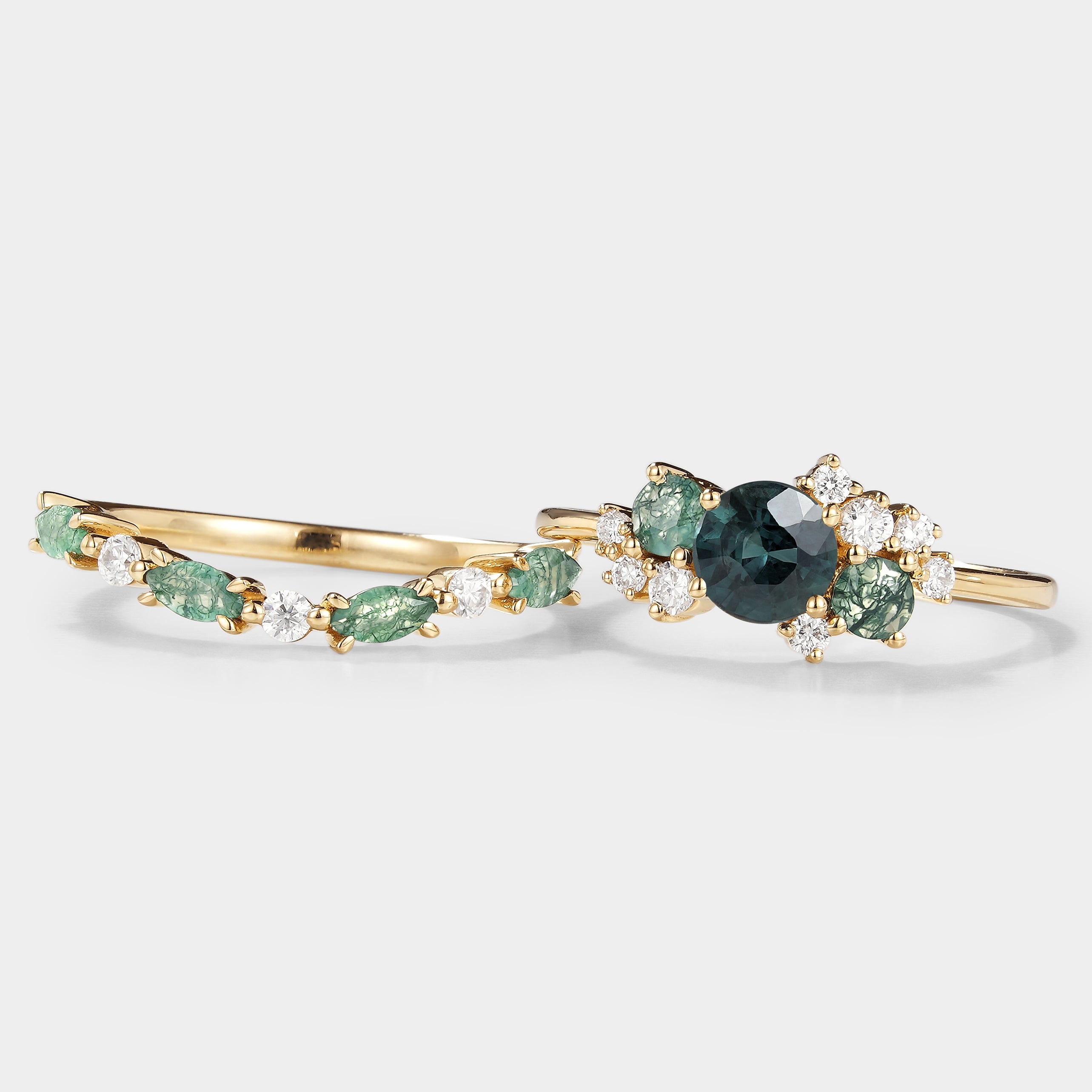 Teal sapphire engagement ring set with moss agate & moissanite, vintage bridal set, 14k gold