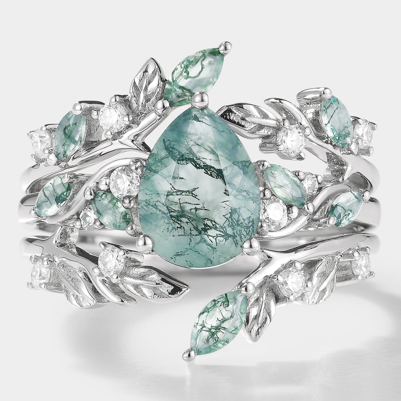 Moss Agate Engagement Ring Set with Leaf Accents. Bridal set with moissanite accents, vintage style.