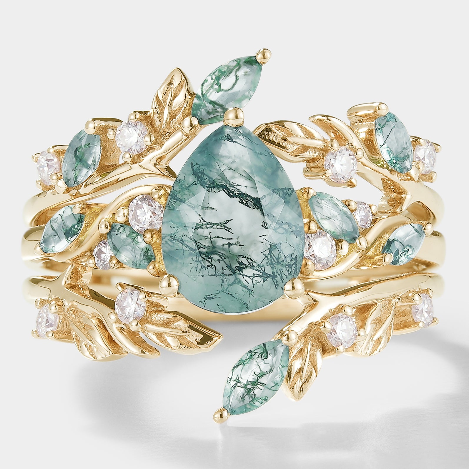 Moss Agate Engagement Ring Set with Leaf Branch Design in Gold. Bridal Set with moissanite accents. Vintage style.