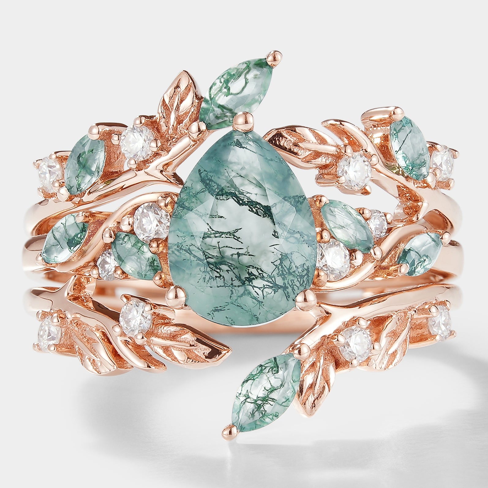 Moss Agate Engagement Ring Set with Leaf Branch and Moissanite Accents