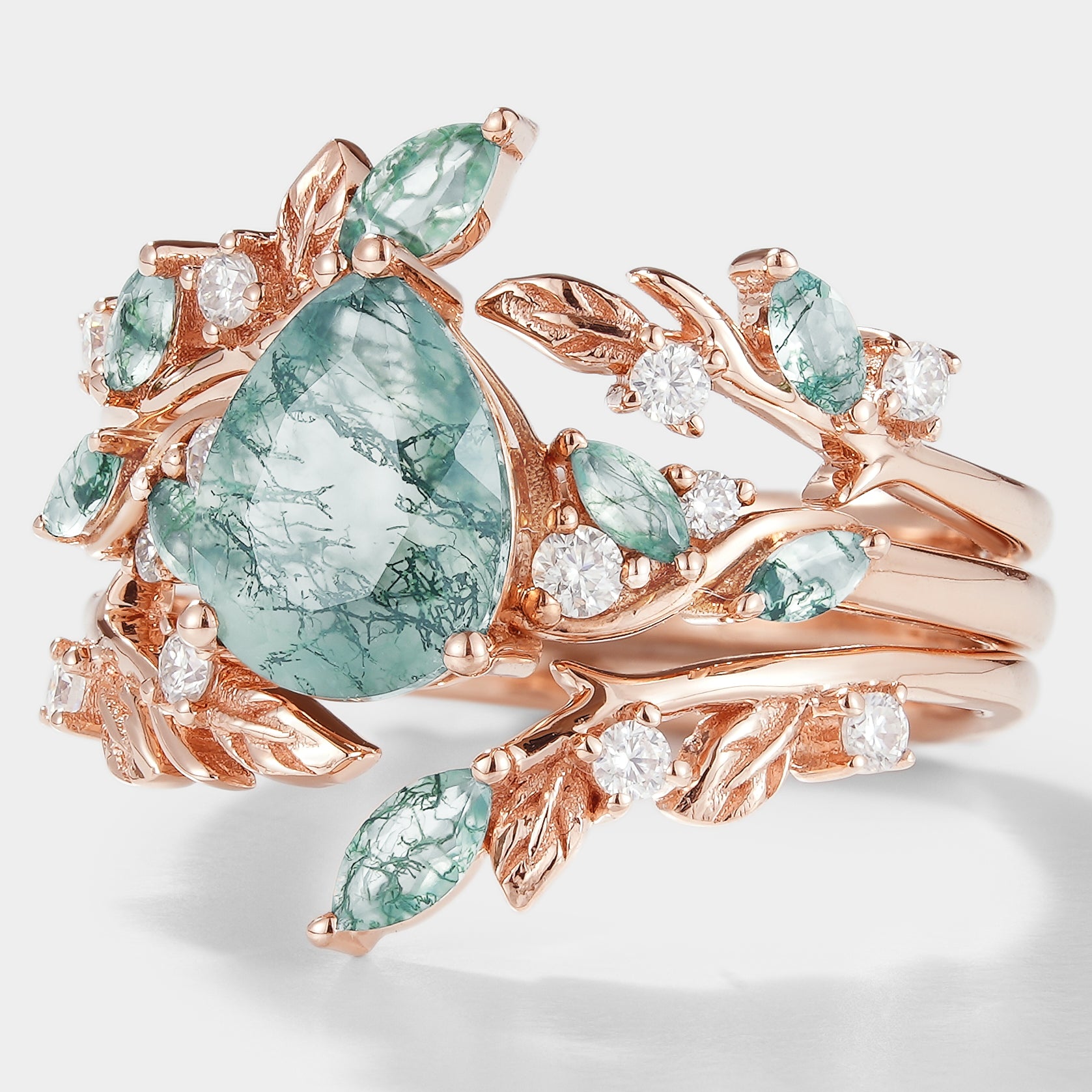 Rose gold moss agate engagement ring set with leaf and moissanite accents, vintage style, wedding rings.