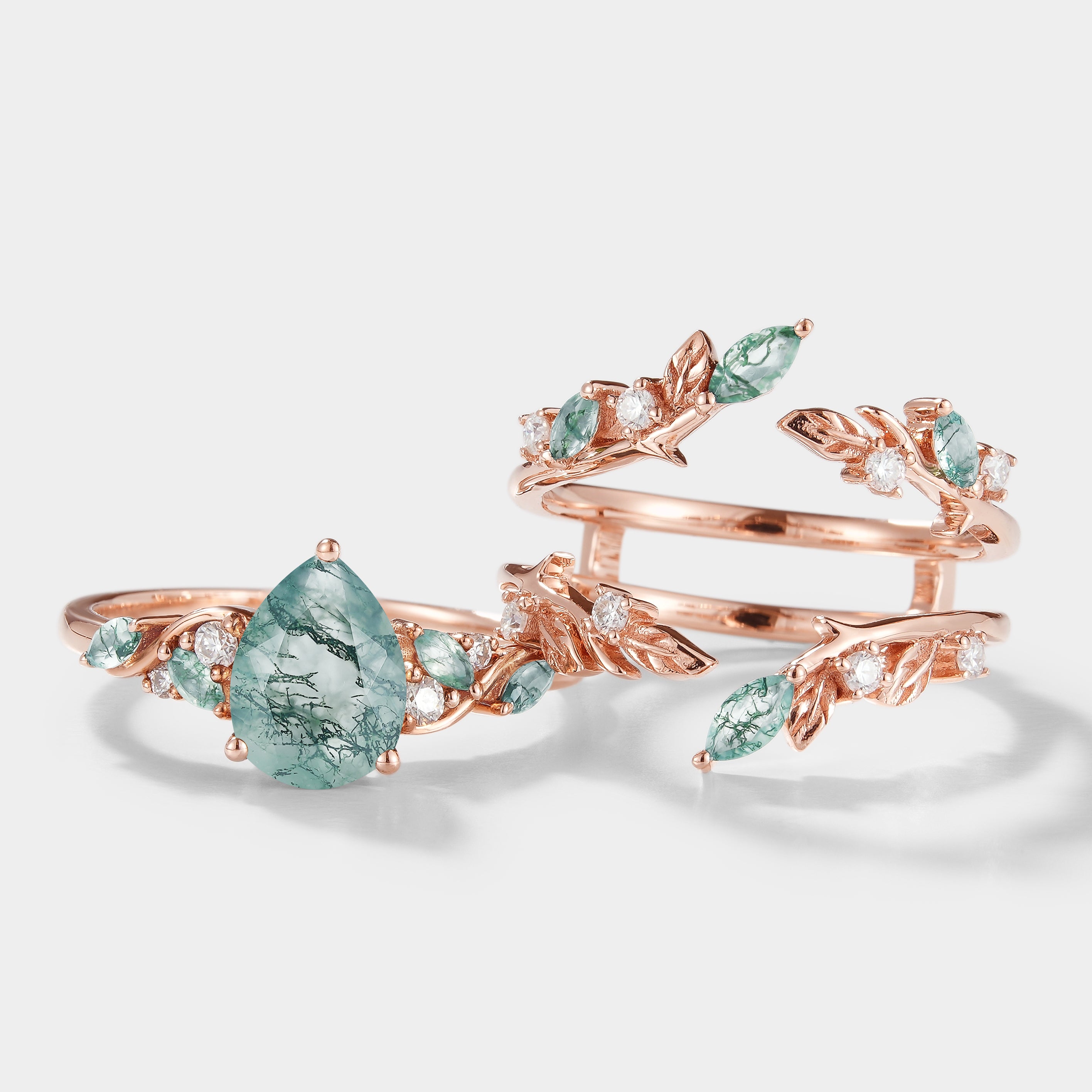 Rose gold moss agate engagement ring with leaf band and enhancer, bridal ring set, vintage style.
