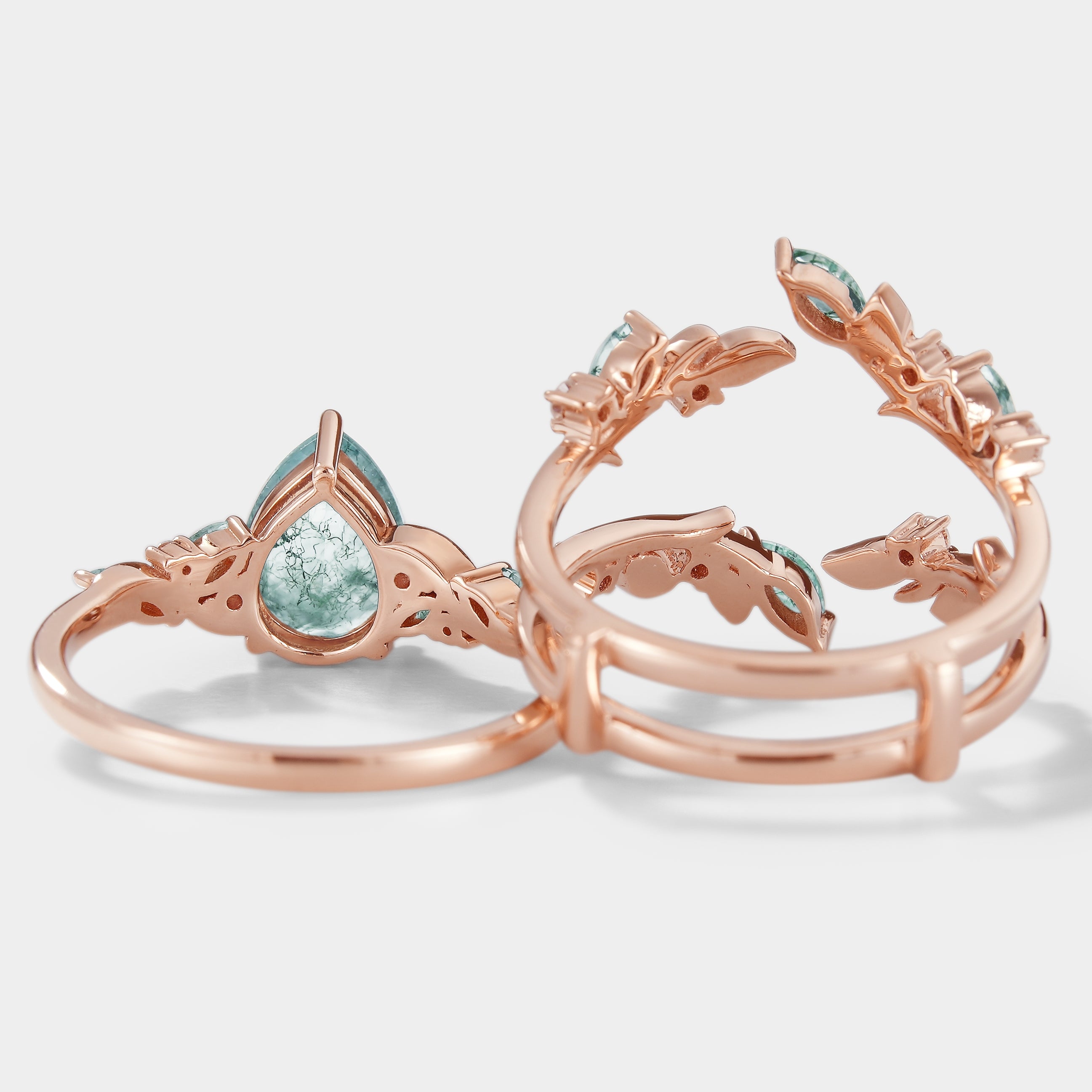 Rose gold moss agate engagement ring set with leaf branch and enhancer band, vintage style.