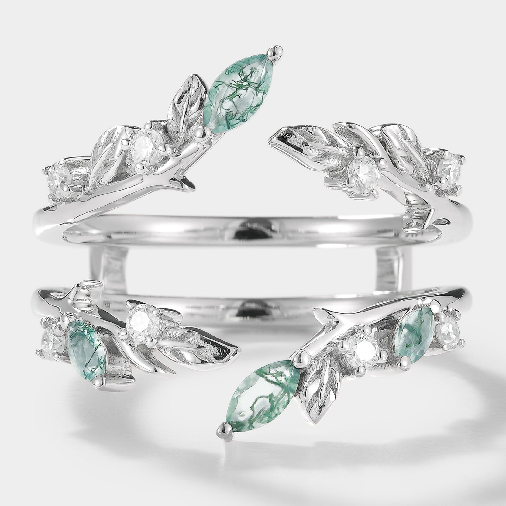 Moss Agate Enhancer Double Wedding Band with leaf design, vintage bridal ring set, moss agate & moissanite wedding ring