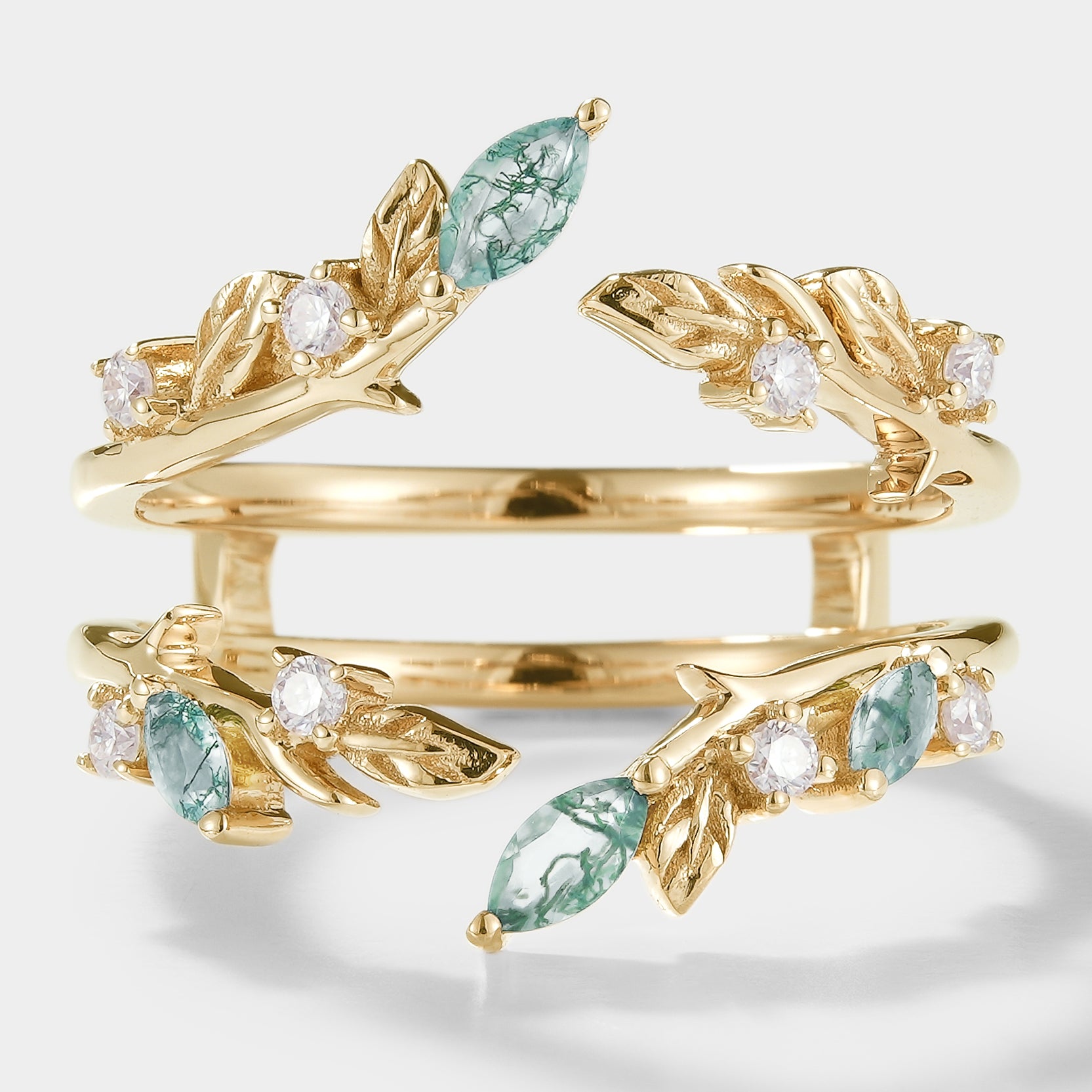 Gold moss agate leaf double wedding band with moissanite, vintage bridal ring set.