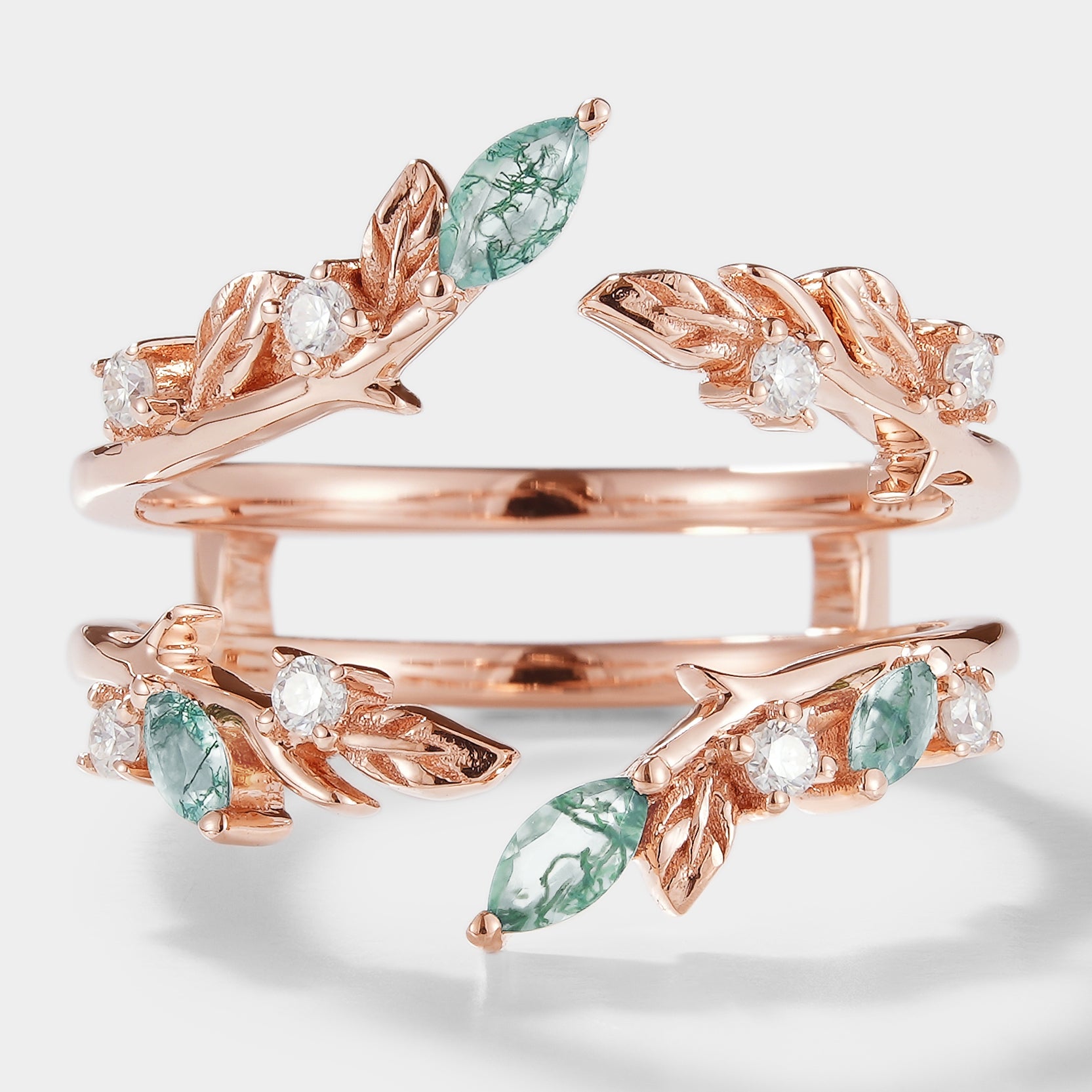 Rose gold moss agate double wedding band with leaf details, a unique wedding ring.