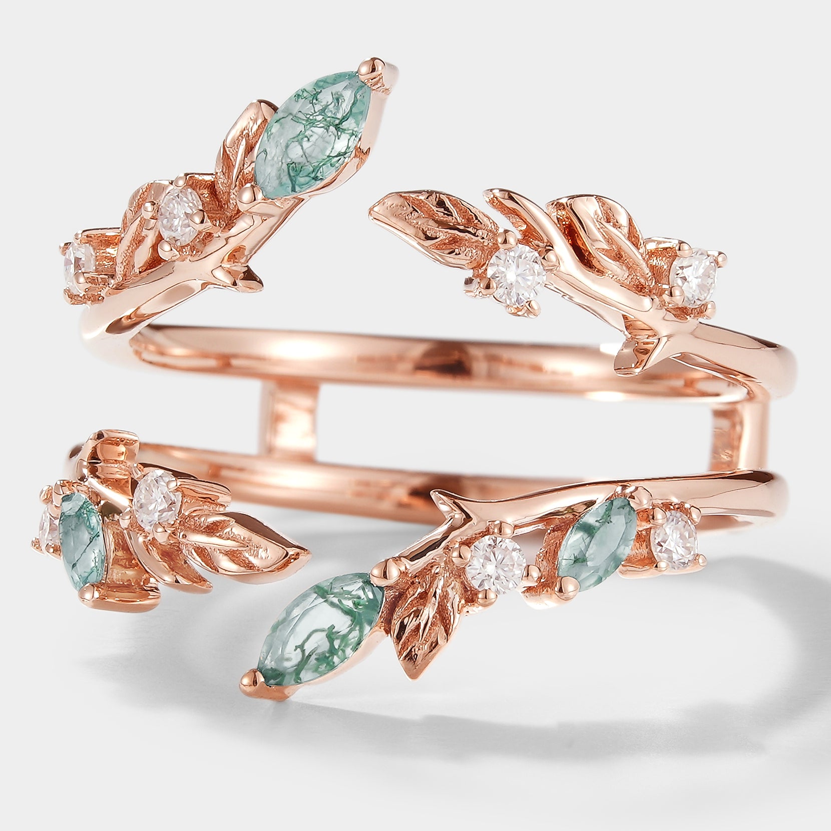 Rose gold moss agate wedding band with leaf design, adorned with moissanite, vintage style bridal set ring.
