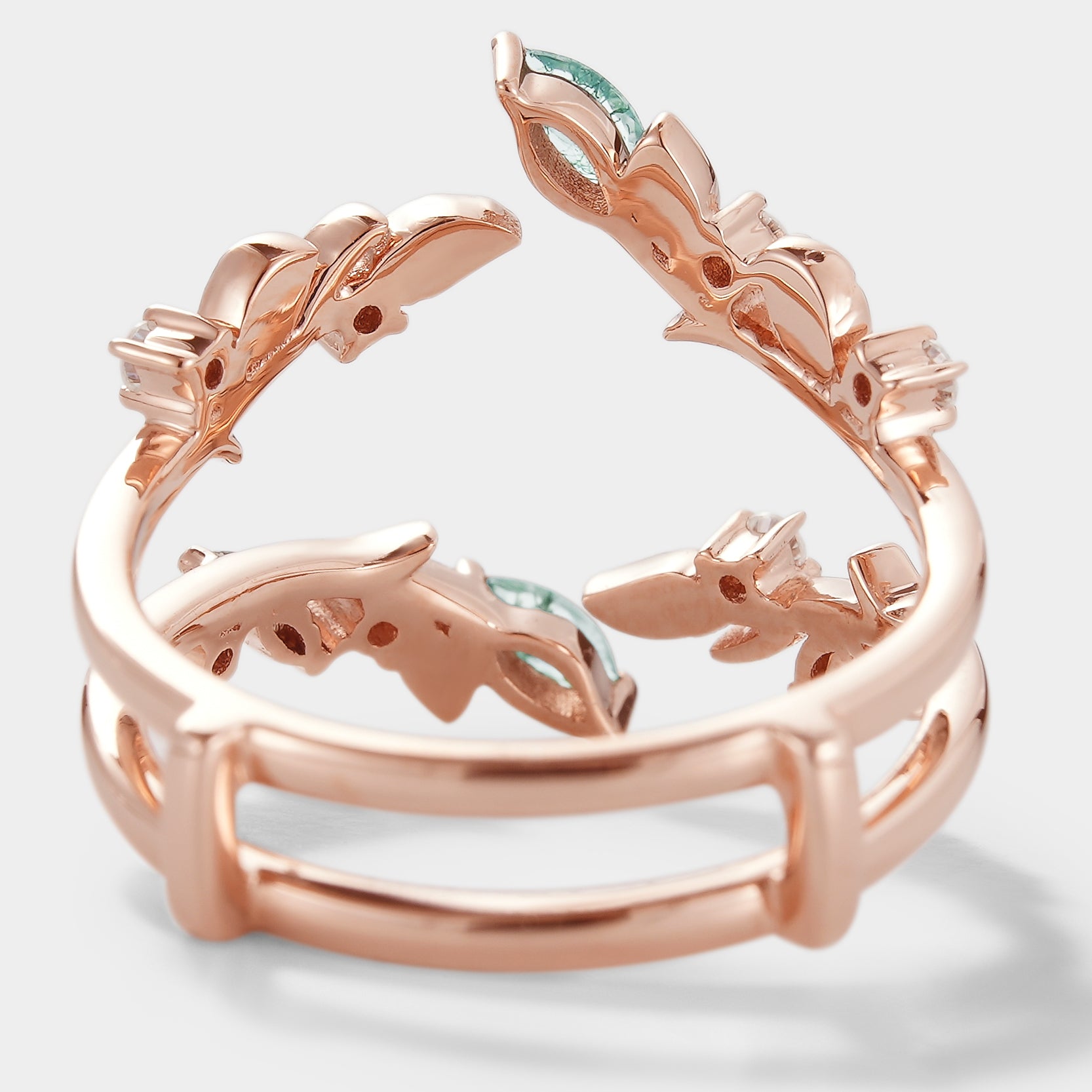 Rose gold moss agate enhancer double wedding band with leaf design, vintage bridal ring set.