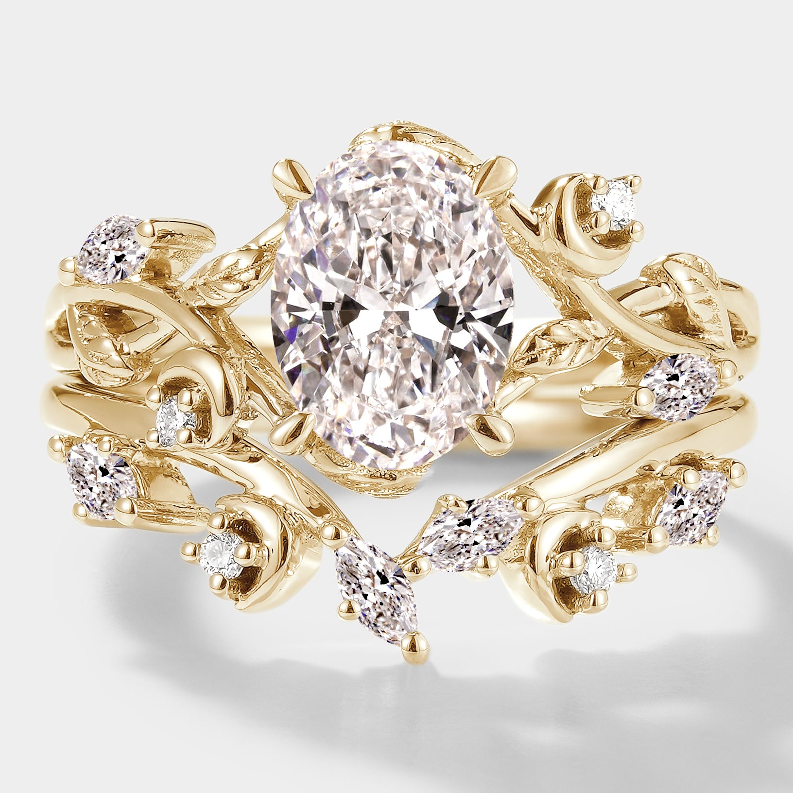Oval lab grown diamond engagement ring with leaf design wedding band, Lahela Jewelry