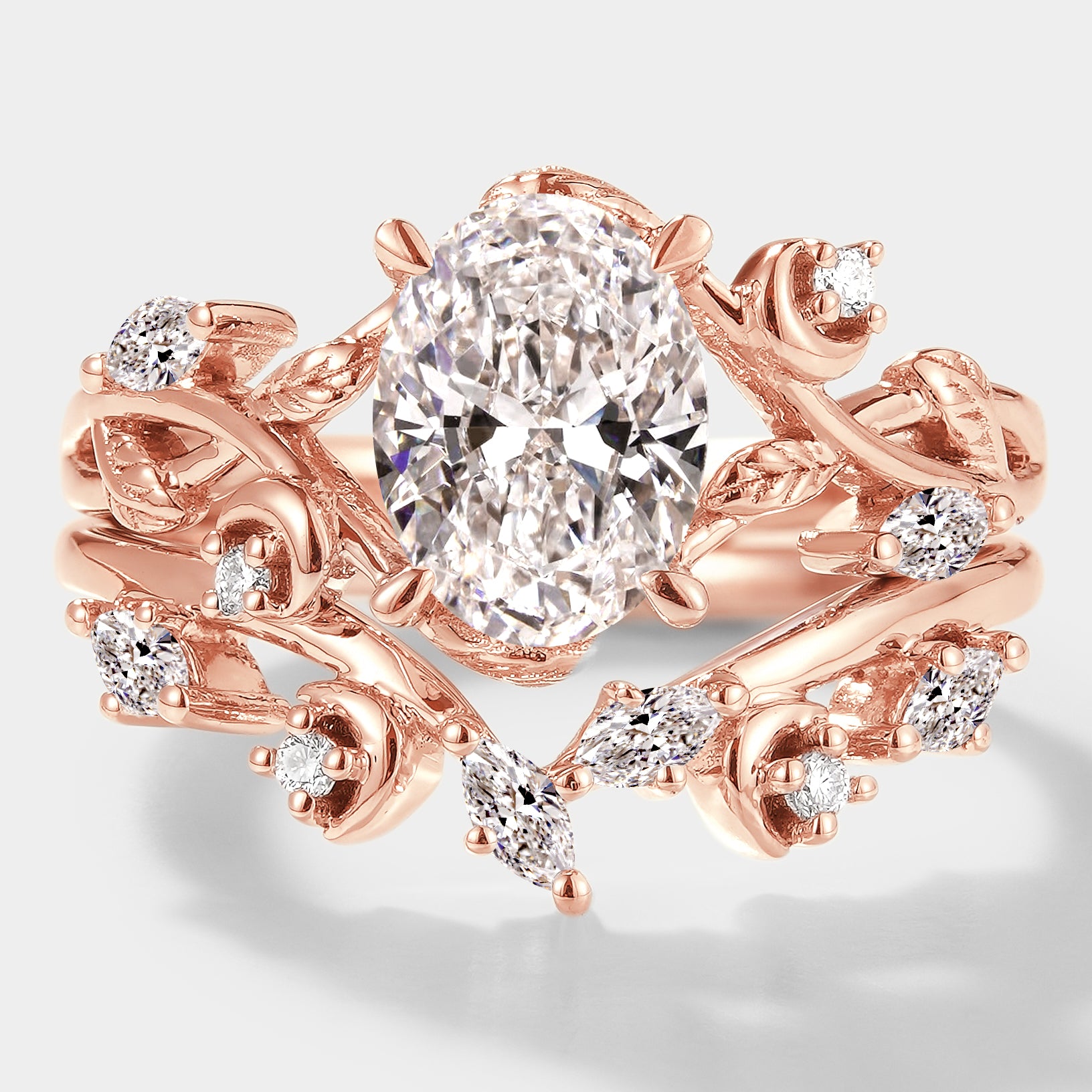 Rose gold oval lab grown diamond engagement ring and wedding band set